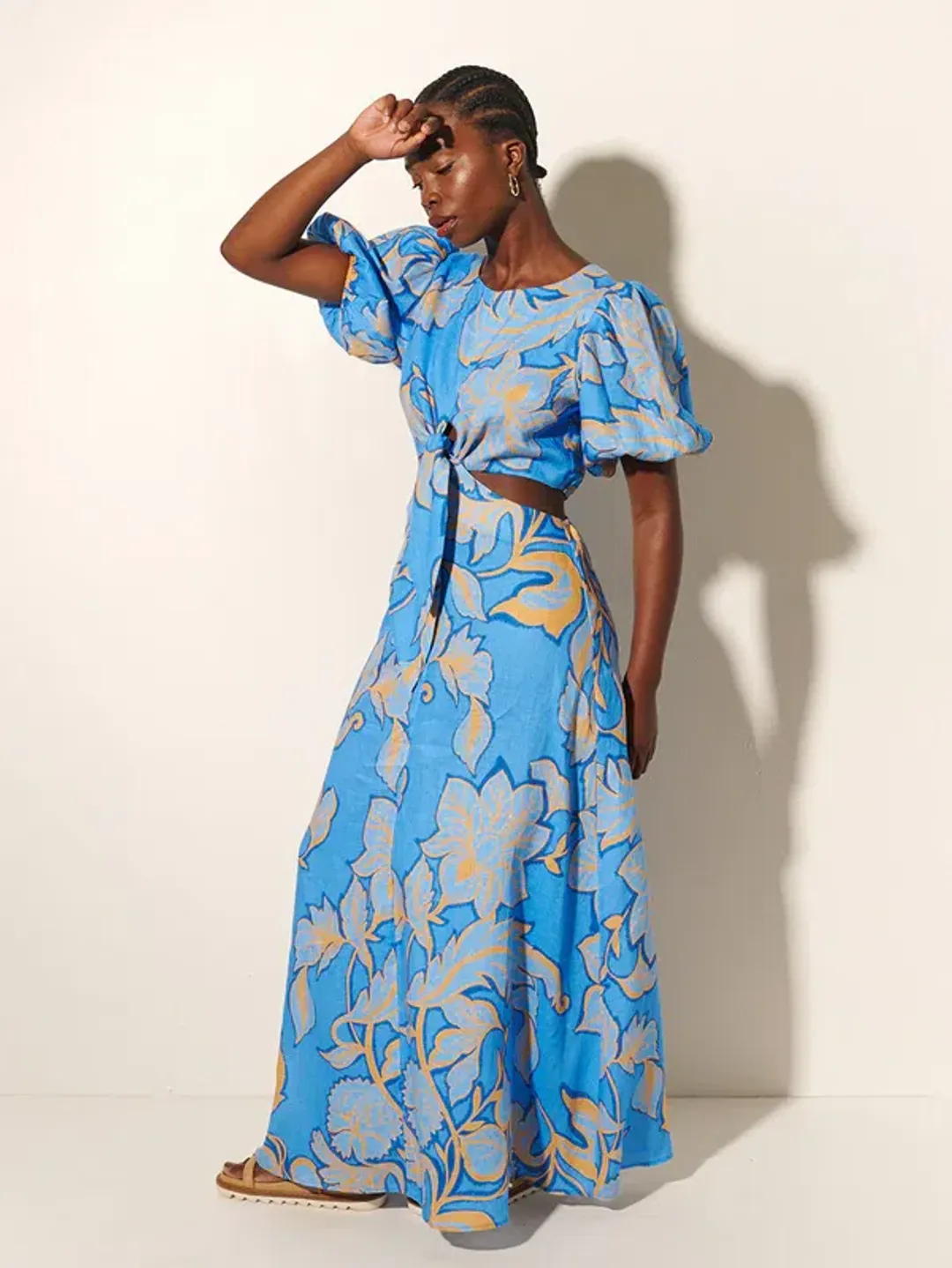 Kivari Taniana Cut Out Maxi Dress Blue Floral Size 12 for rent on The Volte - main image