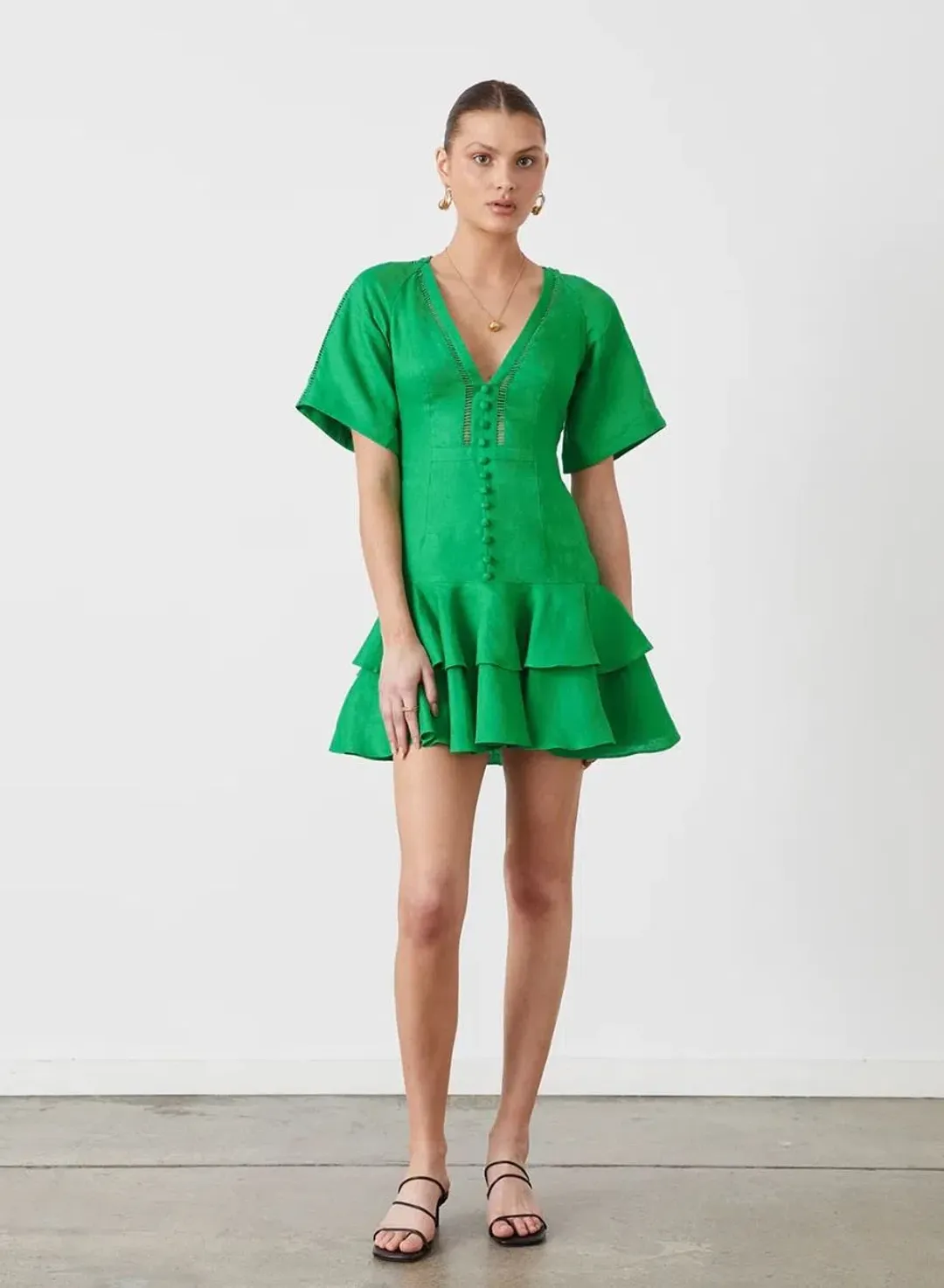 Joslin Gwen Linen Mini Dress Green Size 18 for rent on The Volte - main image