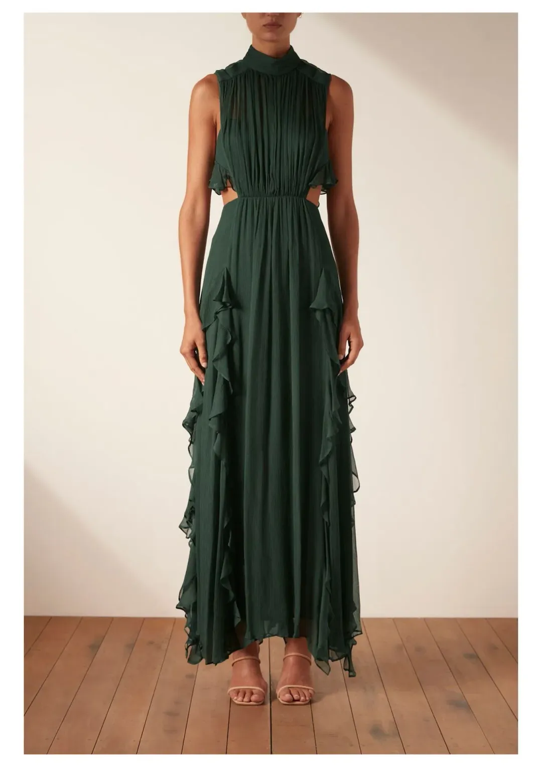 Shona Joy Lèonie Backless Frill Maxi Dress in Rosemary Green Size 6 for rent on The Volte - main image