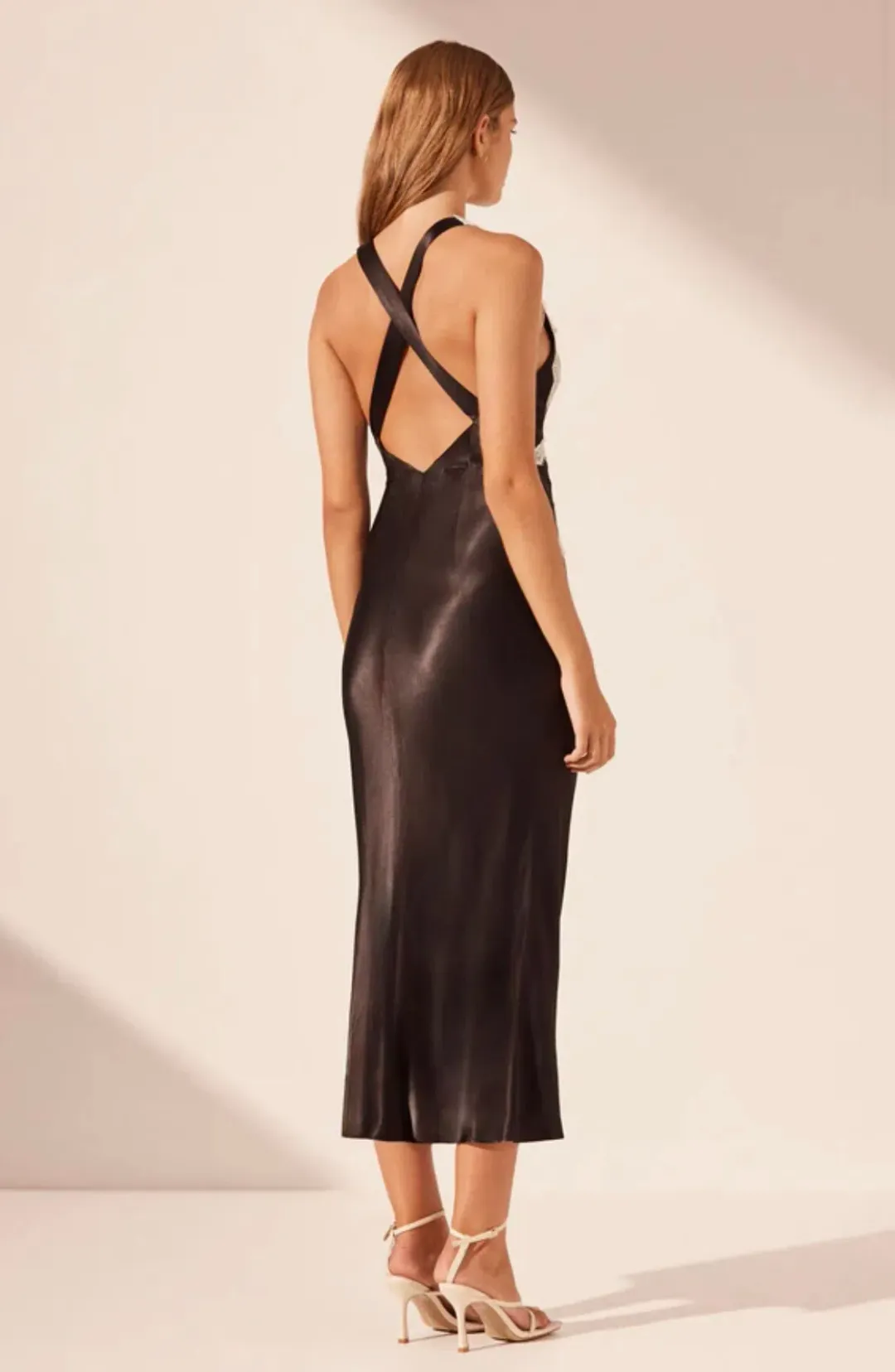Shona Joy Camille Lace Cross Back Midi Dress in Black/Ivory Size 8 for rent on The Volte - main image