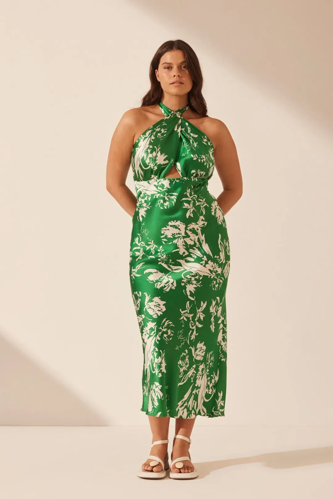 Shona Joy Coppice Silk Cross Front Halter Bias Midi Dress Green Floral Size 12 for rent on The Volte - main image