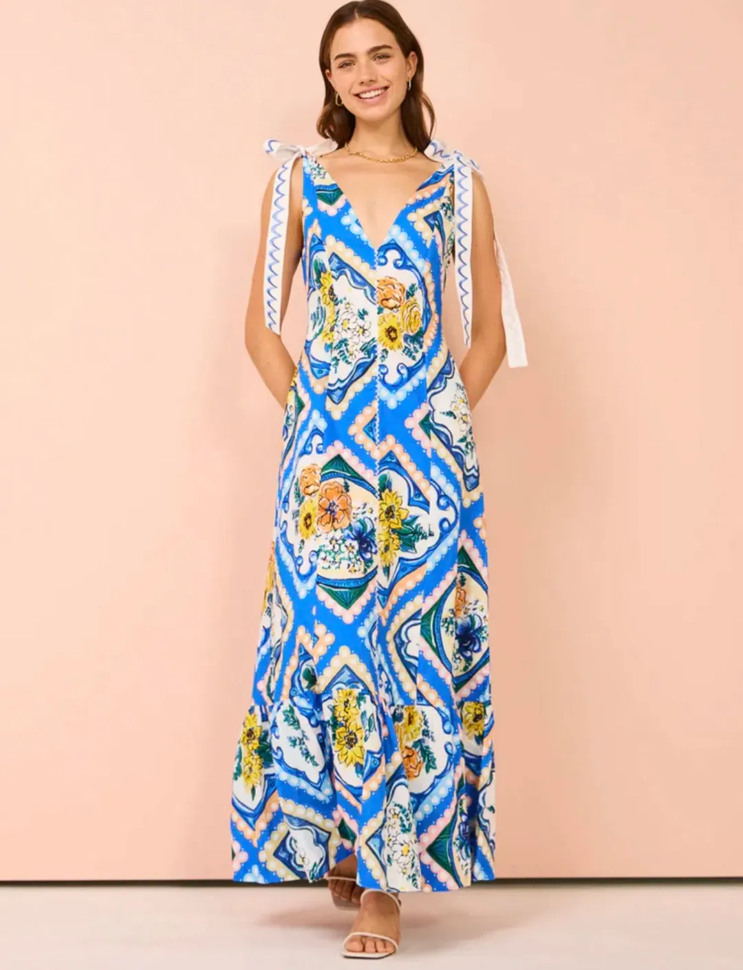 By Nicola Adoncia Tie Shoulder Maxi Dress Azure Floral Size 6 for rent on The Volte - main image