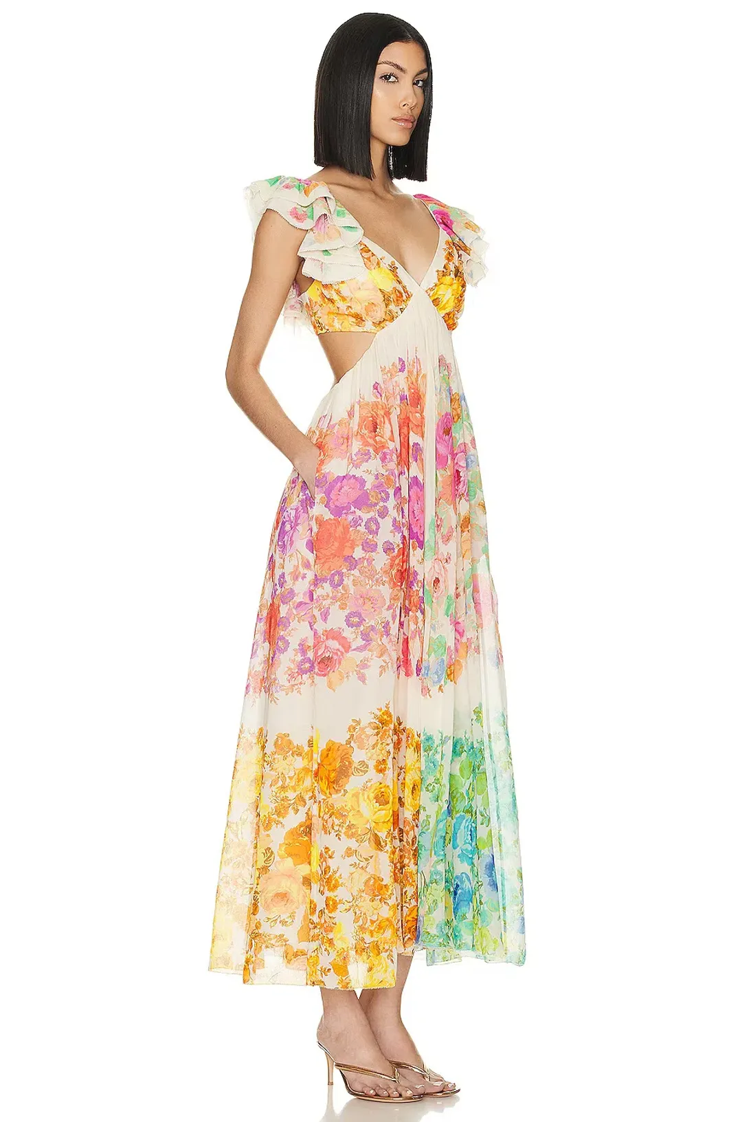 Zimmermann Raie Frill Shoullder Midi Dress Multi Floral Size 1 / AU 10 for rent on The Volte - main image