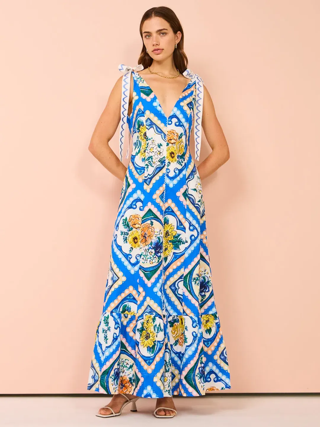 By Nicola Adoncia Tie Shoulder Maxi Dress In Azure Floral Size 8 for rent on The Volte - main image