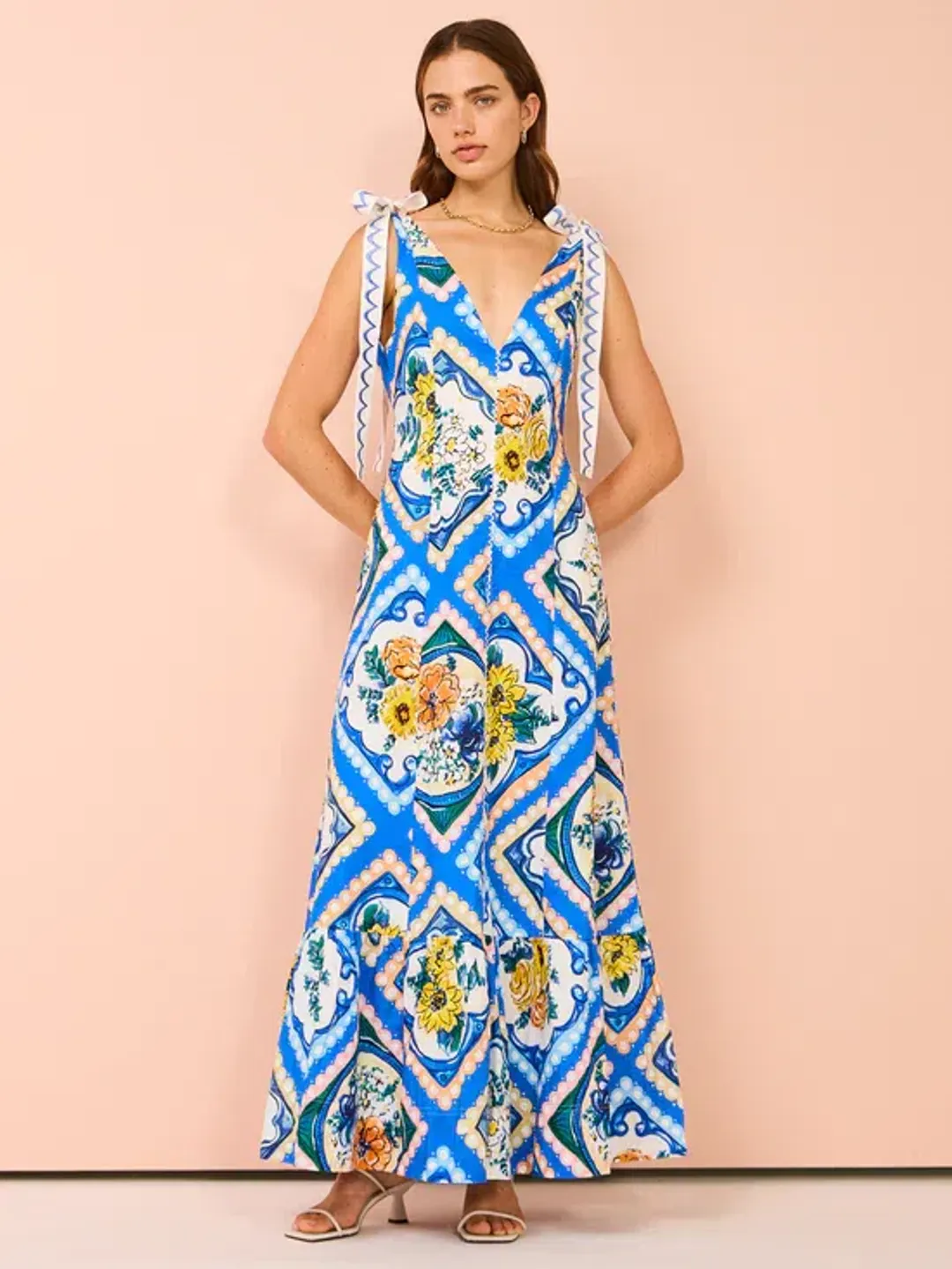 By Nicola Adoncia Tie Shoulder Maxi Dress In Azure Floral Size 10 for rent on The Volte - main image