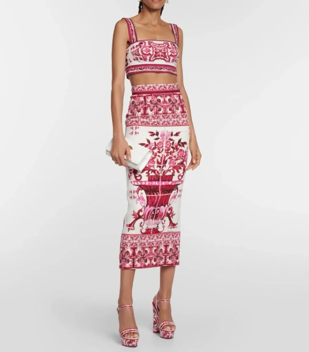 Dolce & Gabbana Majolica Top and Silk Blend Midi Skirt in Red Set Size 10  for rent on The Volte - main image
