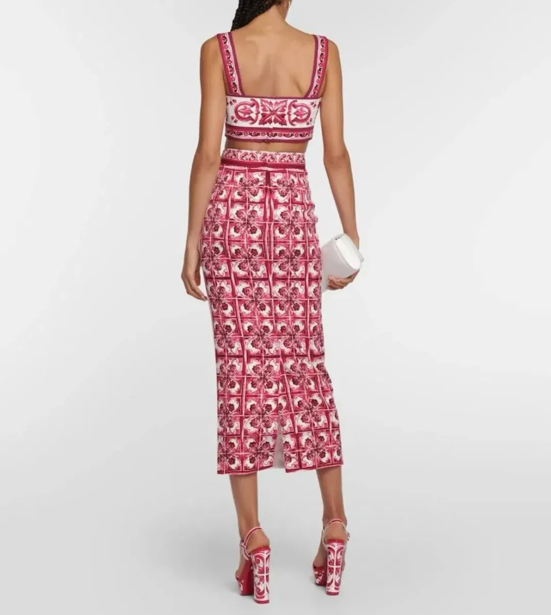 Dolce & Gabbana Majolica Top and Silk Blend Midi Skirt in Red Set Size 10  for rent on The Volte - main image