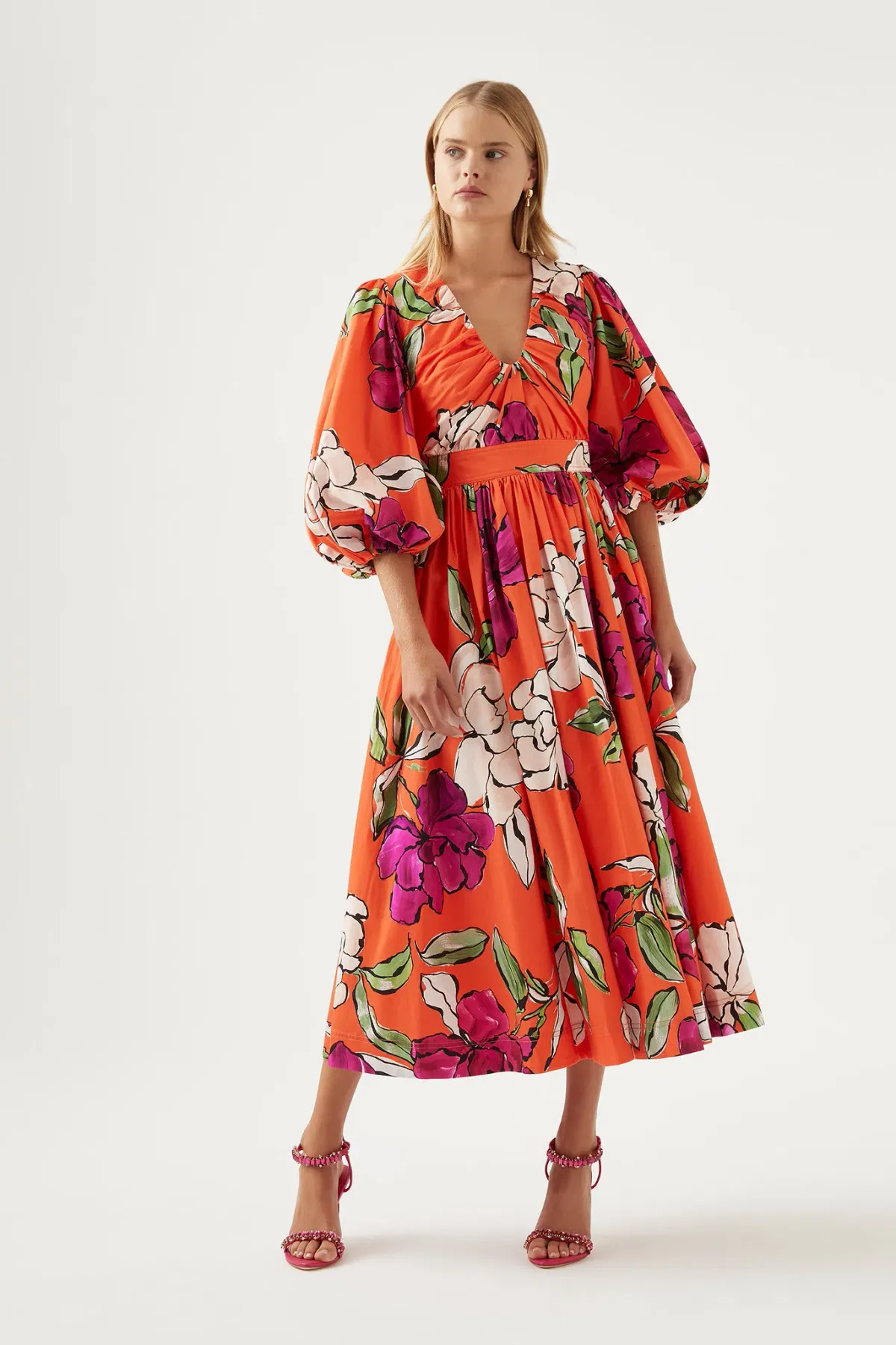 Aje The Marlene Floral Midi Dress Vivid Camellia Size 10 - Image 1