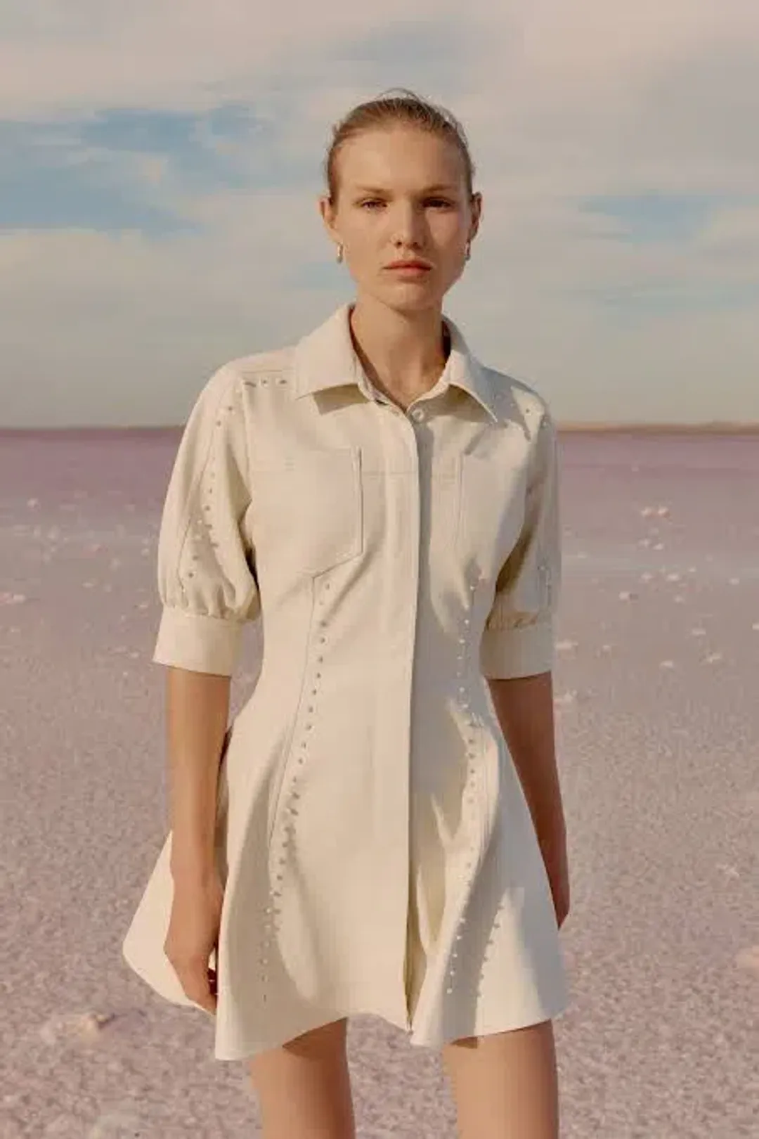 Aje Claire Pearl Mini Dress Sandstone/Beige Size 6 for rent on The Volte - main image