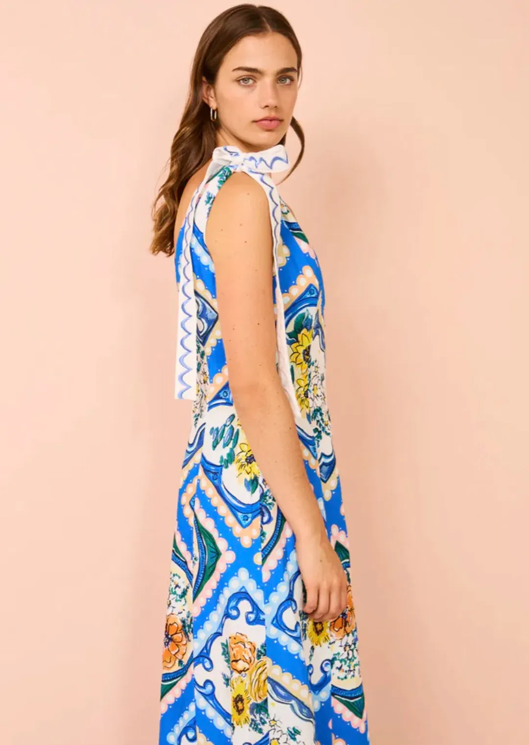 By Nicola Adocia Tie Shoulder Maxi Dress Azure Blue Floral Size 10 for rent on The Volte - main image