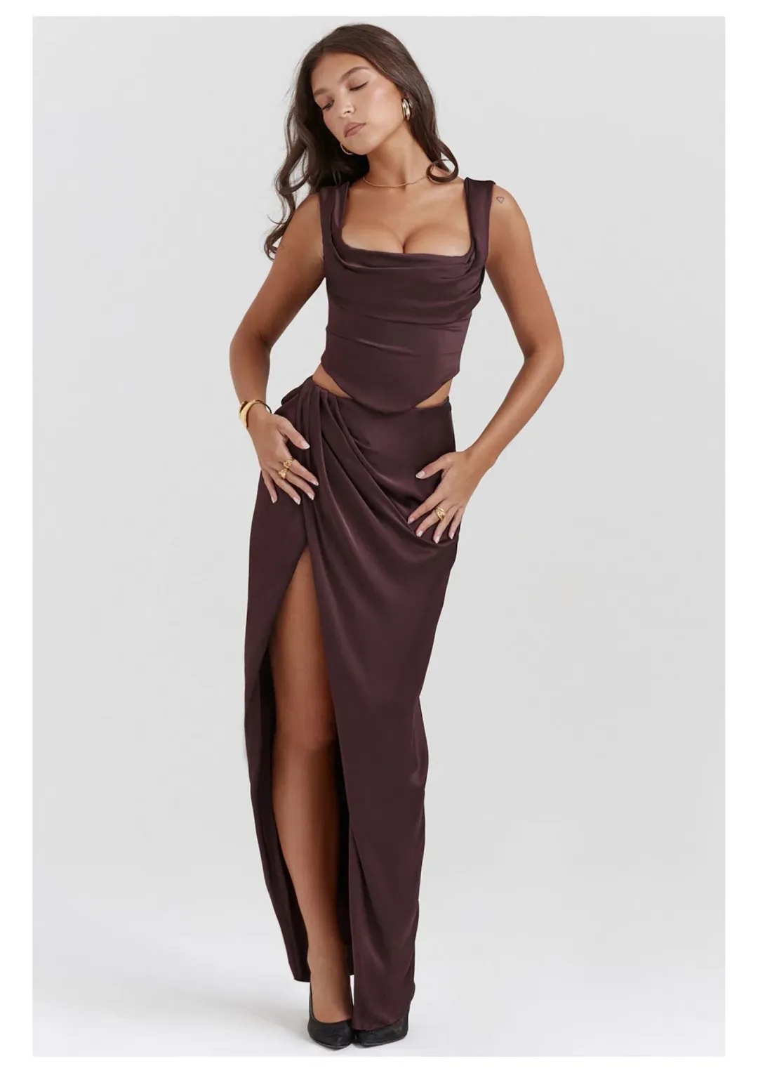 House of CB Una Corset Top and Vesper Maxi Skirt Set Rich Brown Size 8 for rent on The Volte - main image