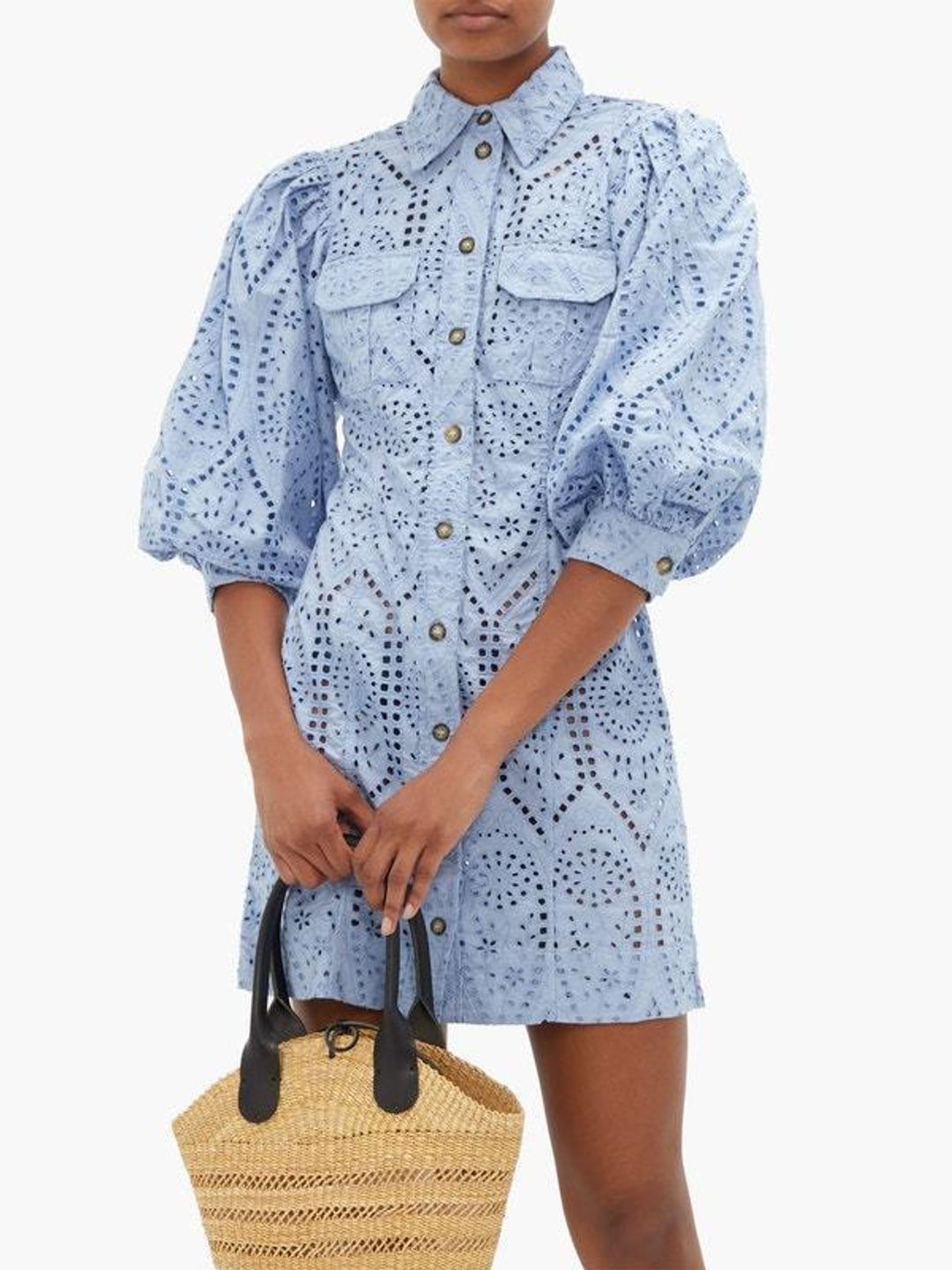 Ganni Balloon-sleeve broderie anglaise mini shirt dress for rent on The Volte - main image