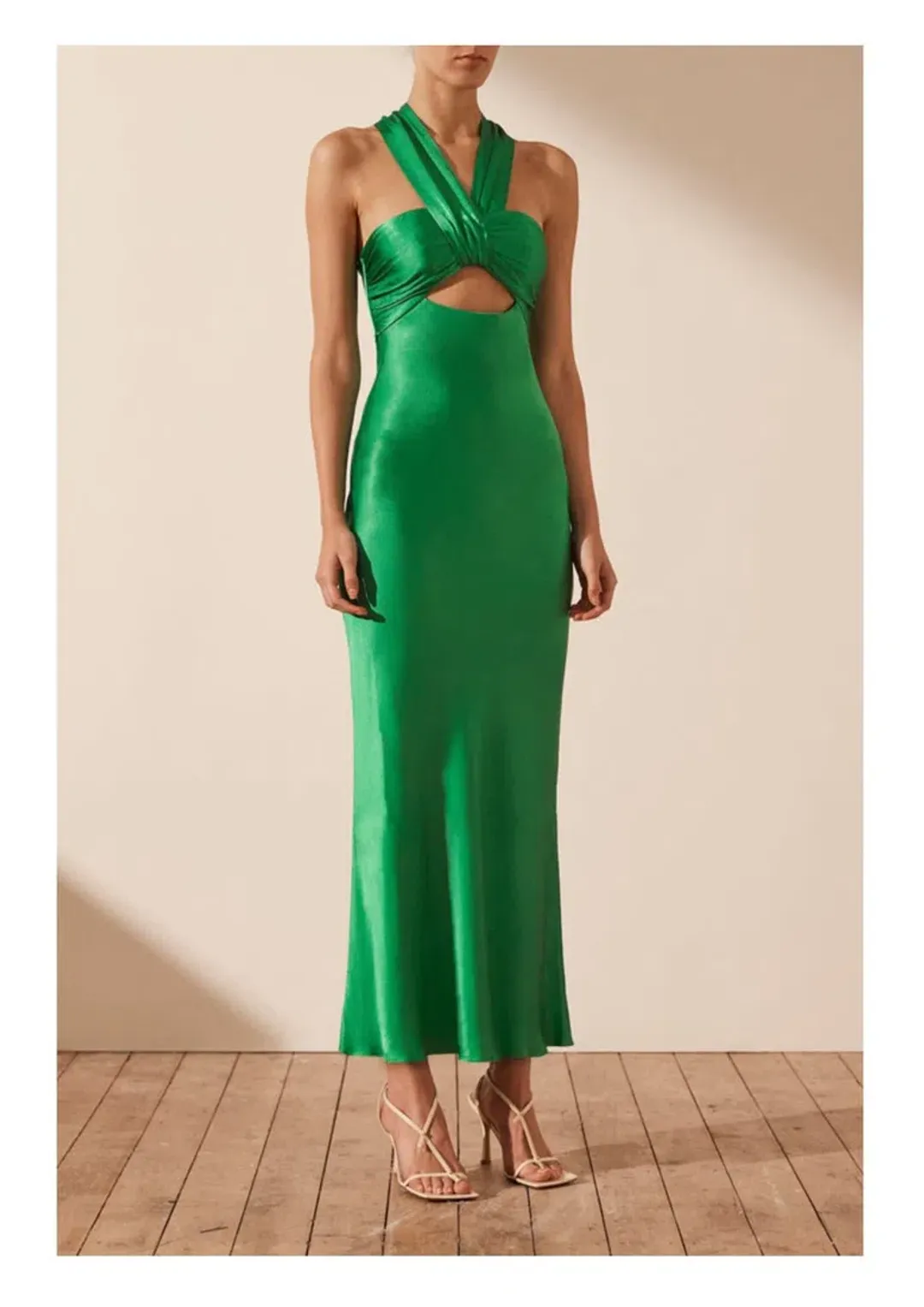 Shona Joy Lana Ruched Halter Midi Dress Tree Green Size AU 8 for rent on The Volte - main image