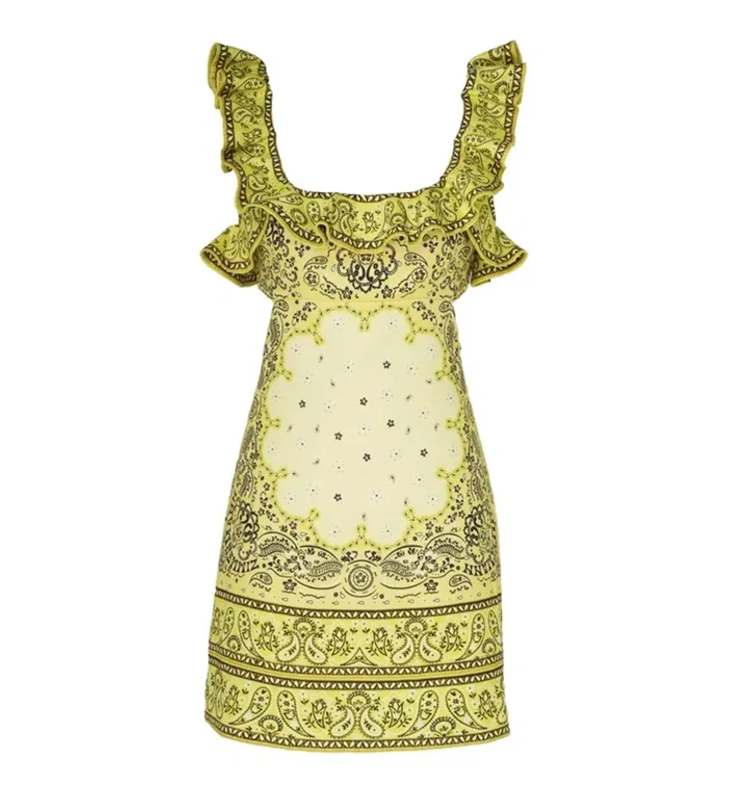 Zimmermann Matchmaker Frilled Mini Dress Yellow Bandana Size 0P / AU 6 for rent on The Volte - main image