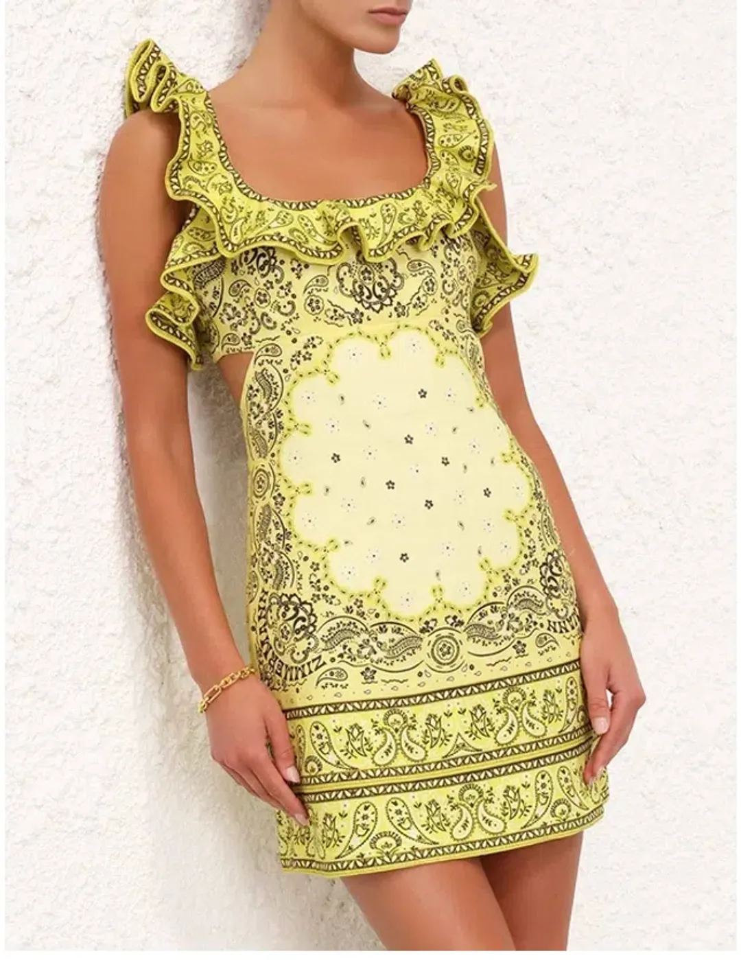 Zimmermann Matchmaker Frilled Mini Dress Yellow Bandana Size 0P / AU 6 for rent on The Volte - main image