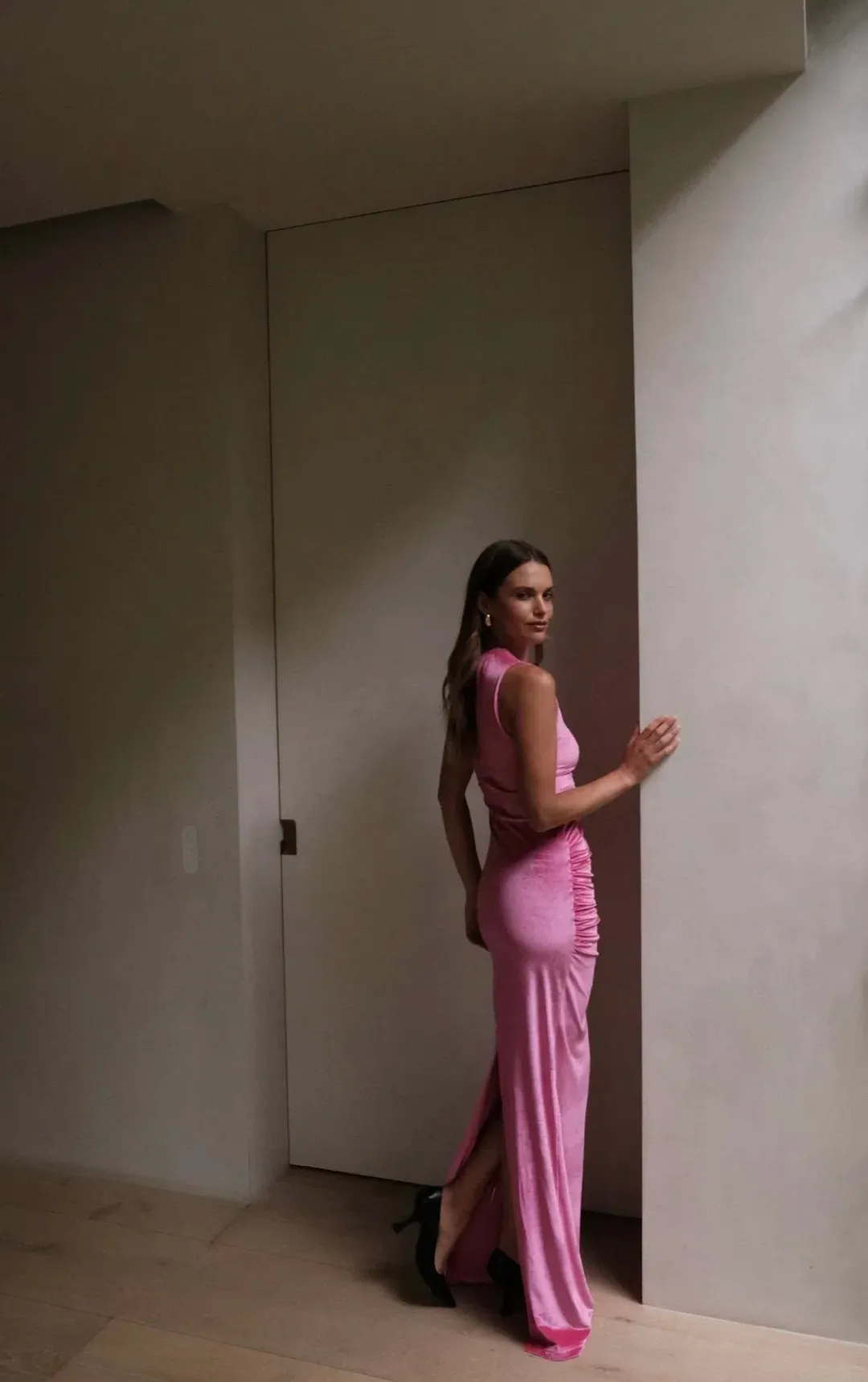 With Harper Lu Ruched Velour Maxi Dress Fuchsia Size M / AU 10 for rent on The Volte - main image