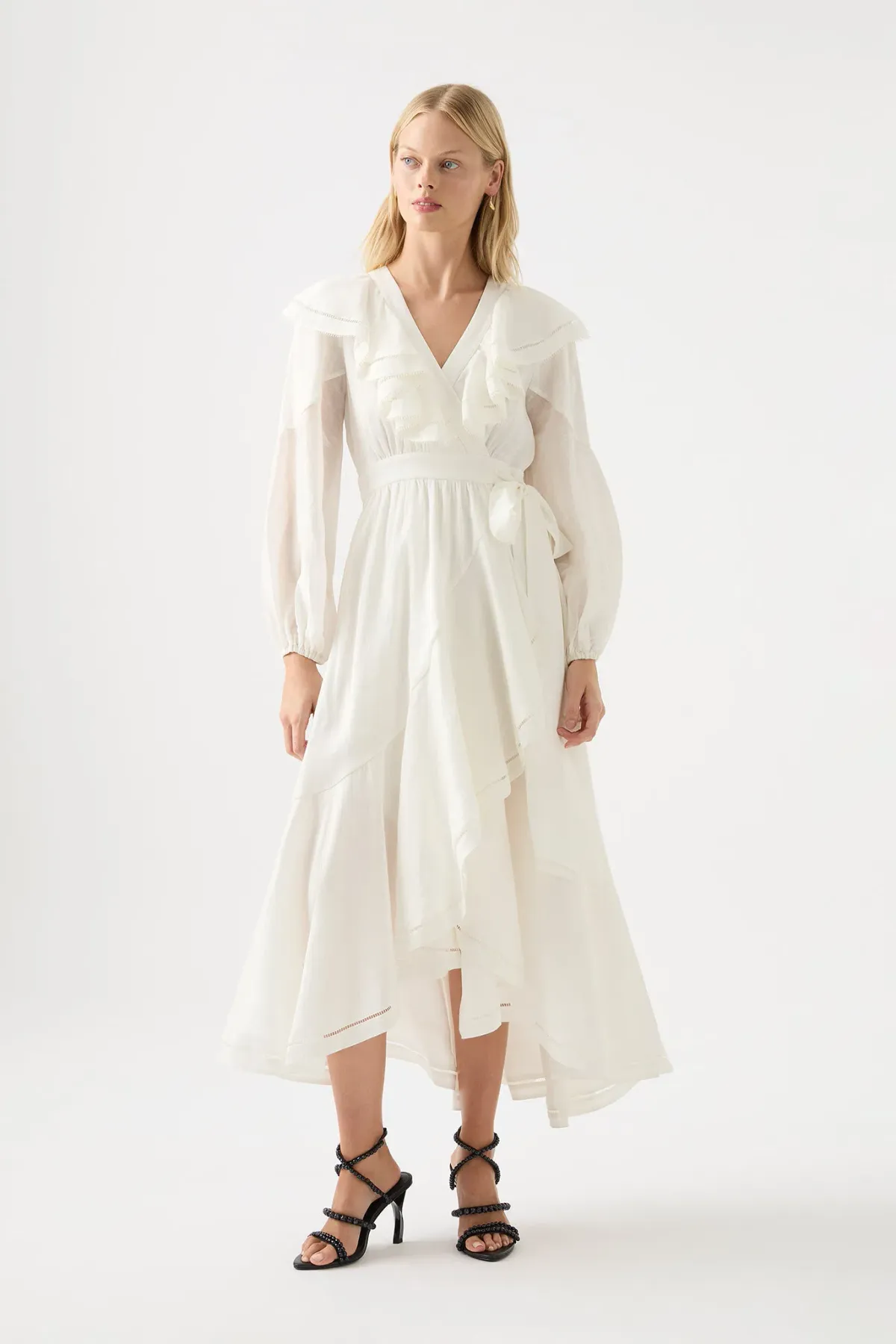Aje Zoe Ruffle Wrap Midi Dress in Ivory Size 8 - Image 1