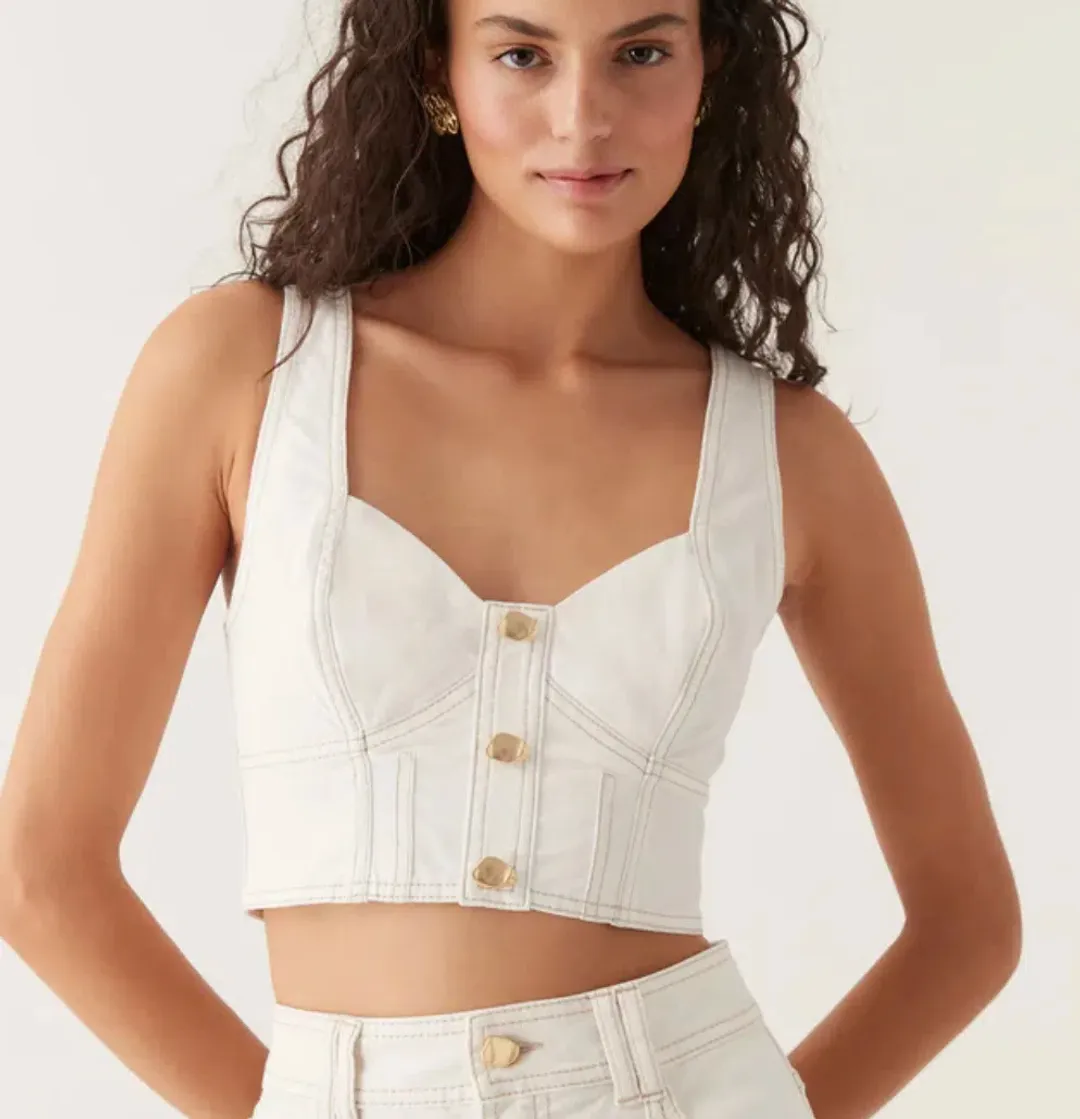 Aje Elena Denim Cropped Bustier Size 8 and Belmond Denim Midi Skirt Size 6 Set in Ivory for rent on The Volte - main image