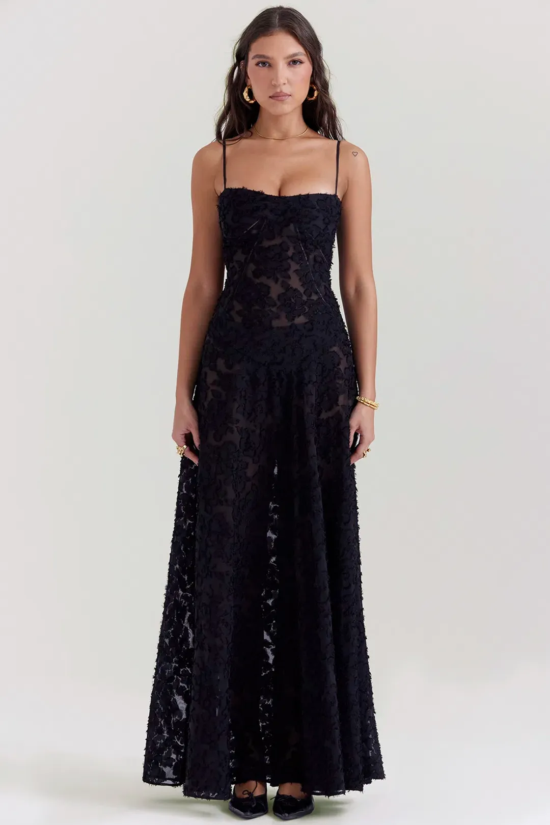 House Of CB Seren Lace Back Maxi Dress Black Floral Size S / AU 8 for rent on The Volte - main image