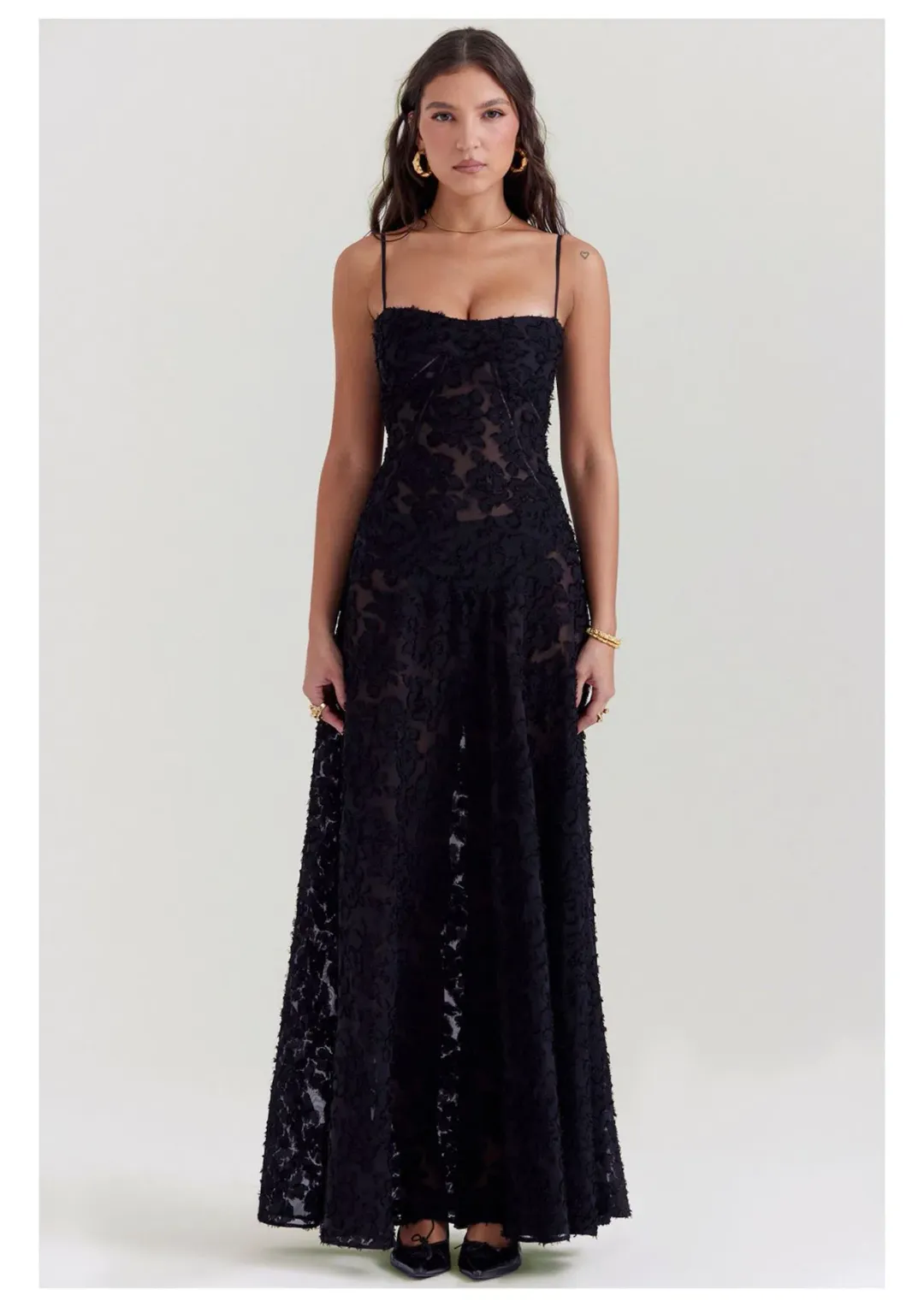 House Of CB Seren Lace Back Maxi Dress Black Floral Size S / AU 8 for rent on The Volte - main image