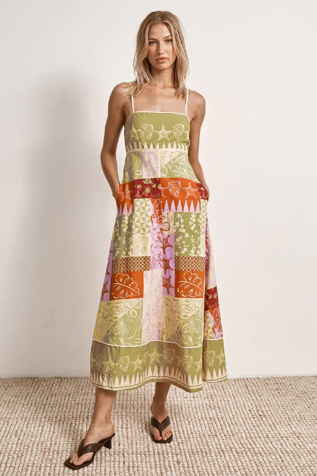 Mon Renn Covve Patchwork Midi Dress Multi Size 12 for rent on The Volte - main image