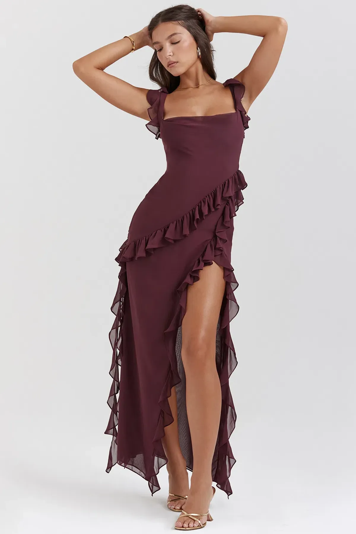 House of CB Ariela Mulberry Ruffle Maxi Dress Burgundy Size M/ AU 10-12 - Image 3