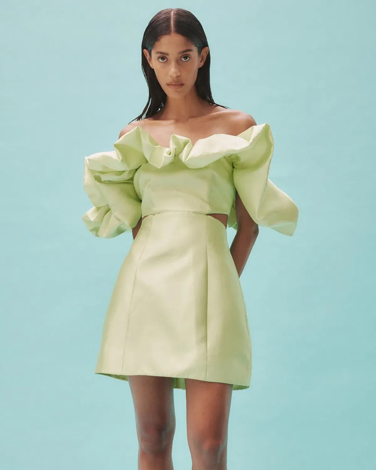 Alemais Suzi Off Shoulder Mini Dress in Green Size 10 - Image 2