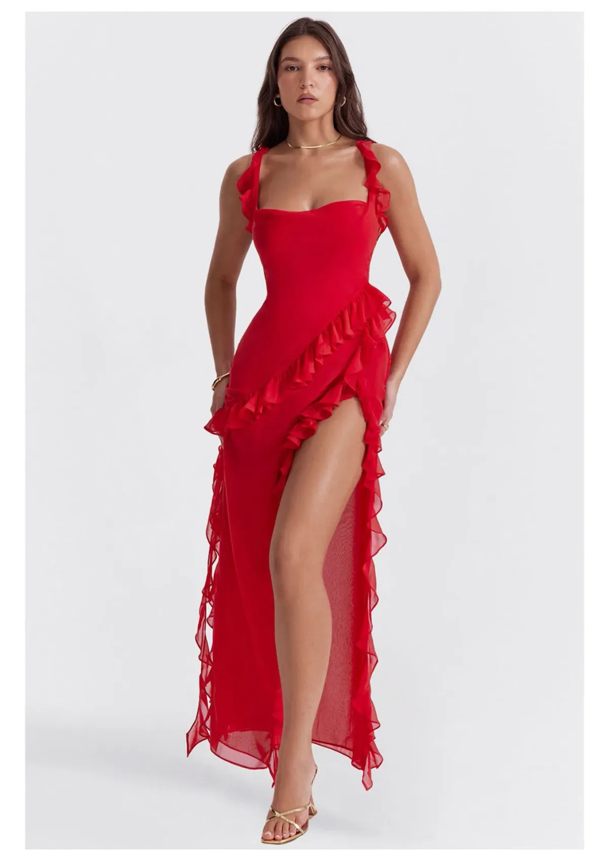 House of CB Ariela Ruffle Maxi Dress Cherry Red Size S / AU 8 - Image 1