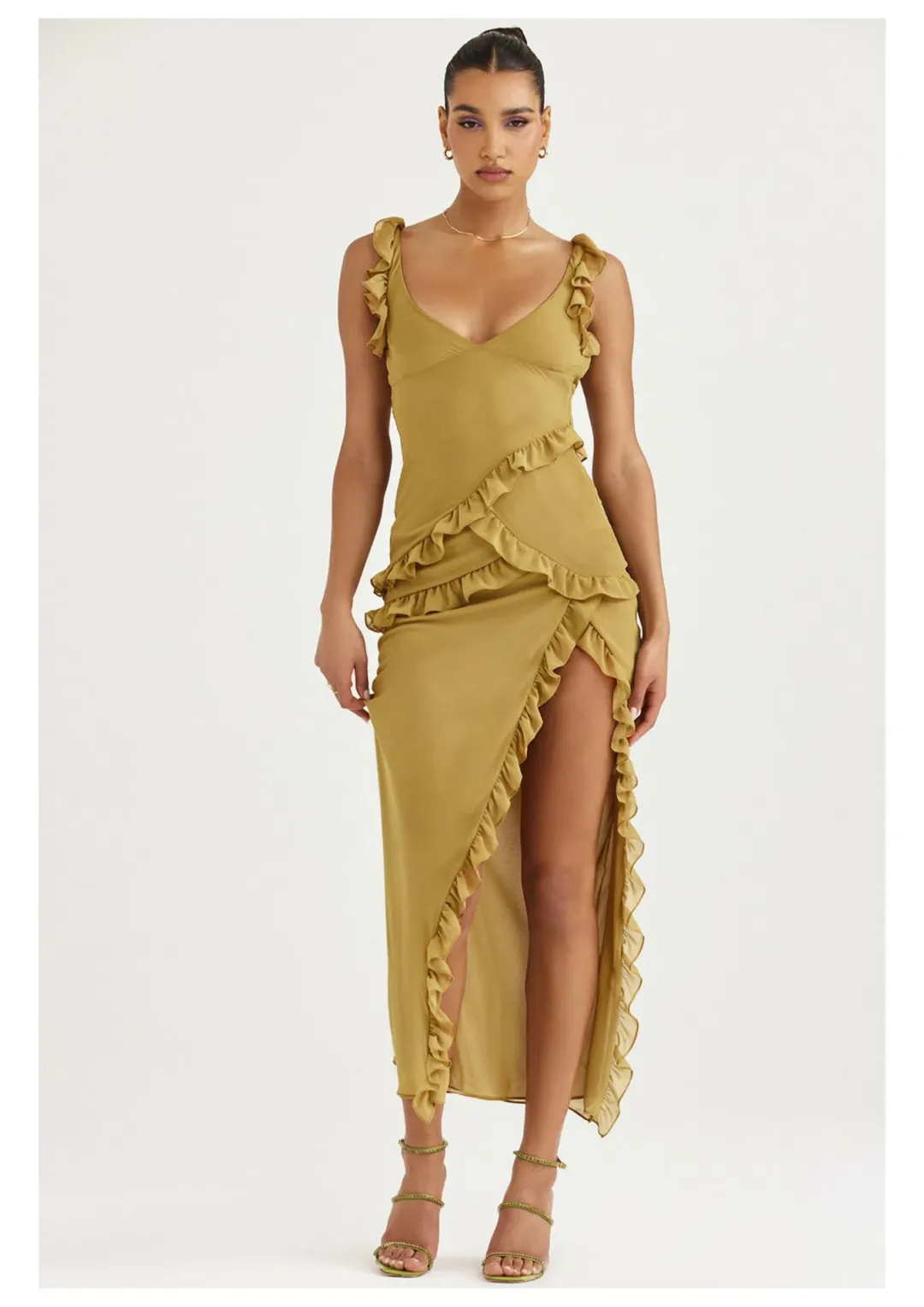 House of CB Pixie Ruffle Maxi Dress Olive Size M / AU 10 for rent on The Volte - main image