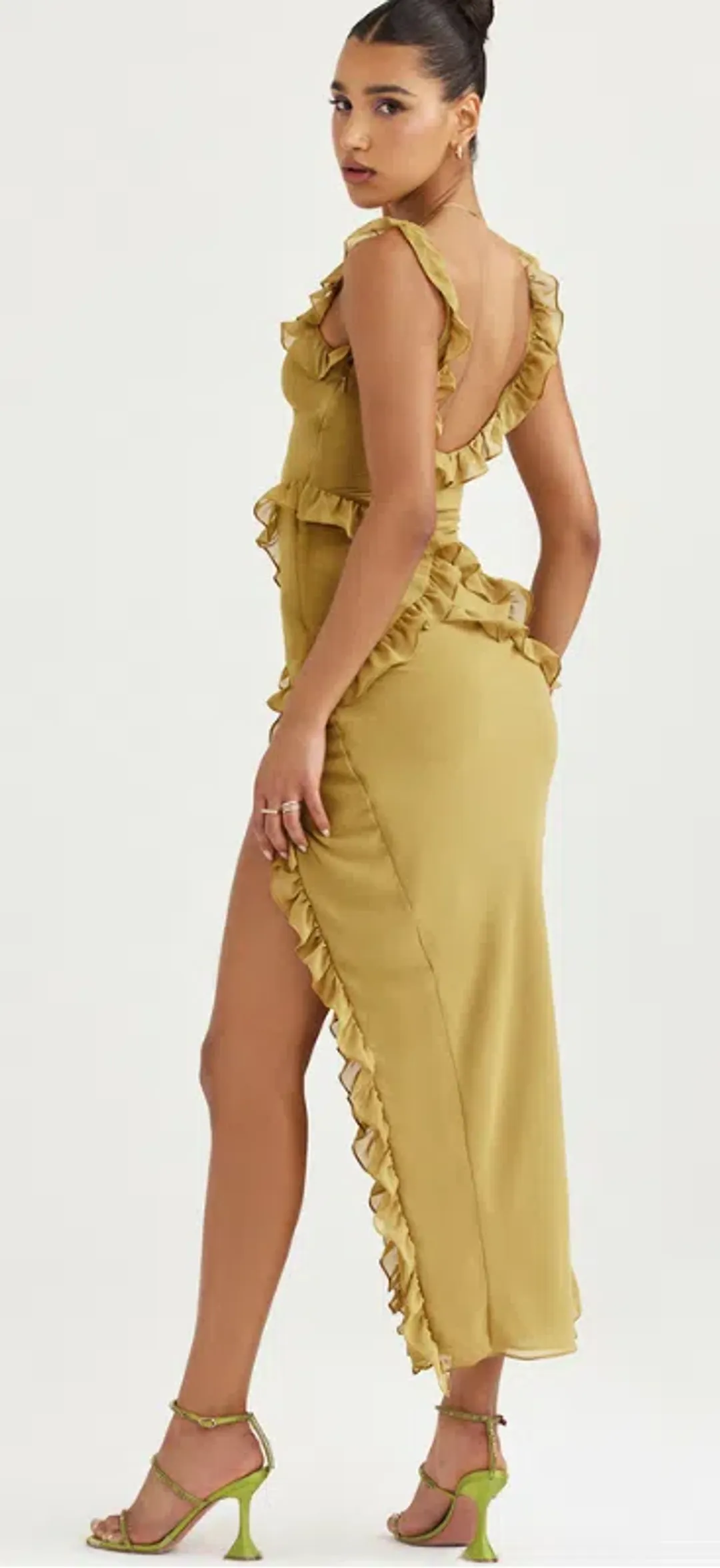 House of CB Pixie Ruffle Maxi Dress Olive Size M / AU 10 for rent on The Volte - main image