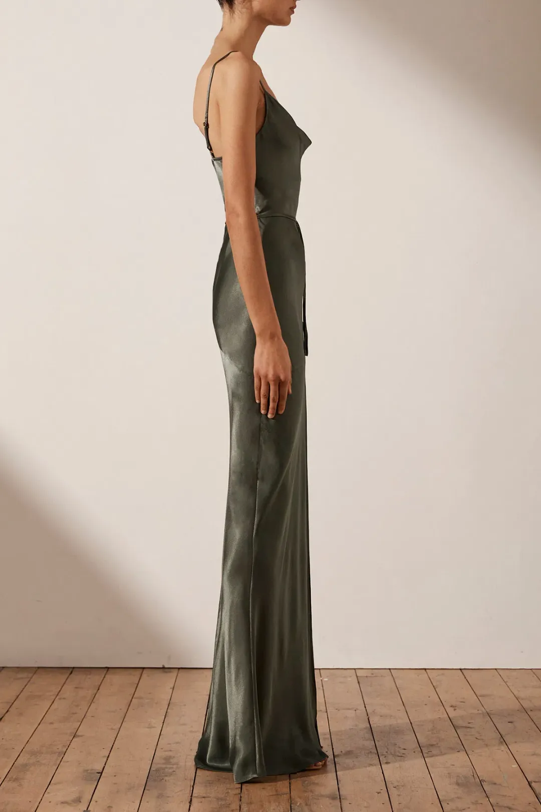 Shona Joy La Lune Bias Cowl Maxi Dress In Olive Size 8 for rent on The Volte - main image