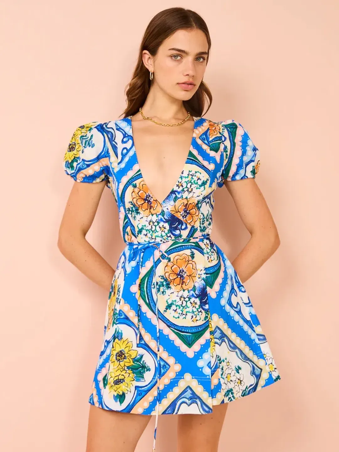By Nicola - Havana Wrap Mini Dress In Azure Floral - Size 12 (fits 10-12) for rent on The Volte - main image