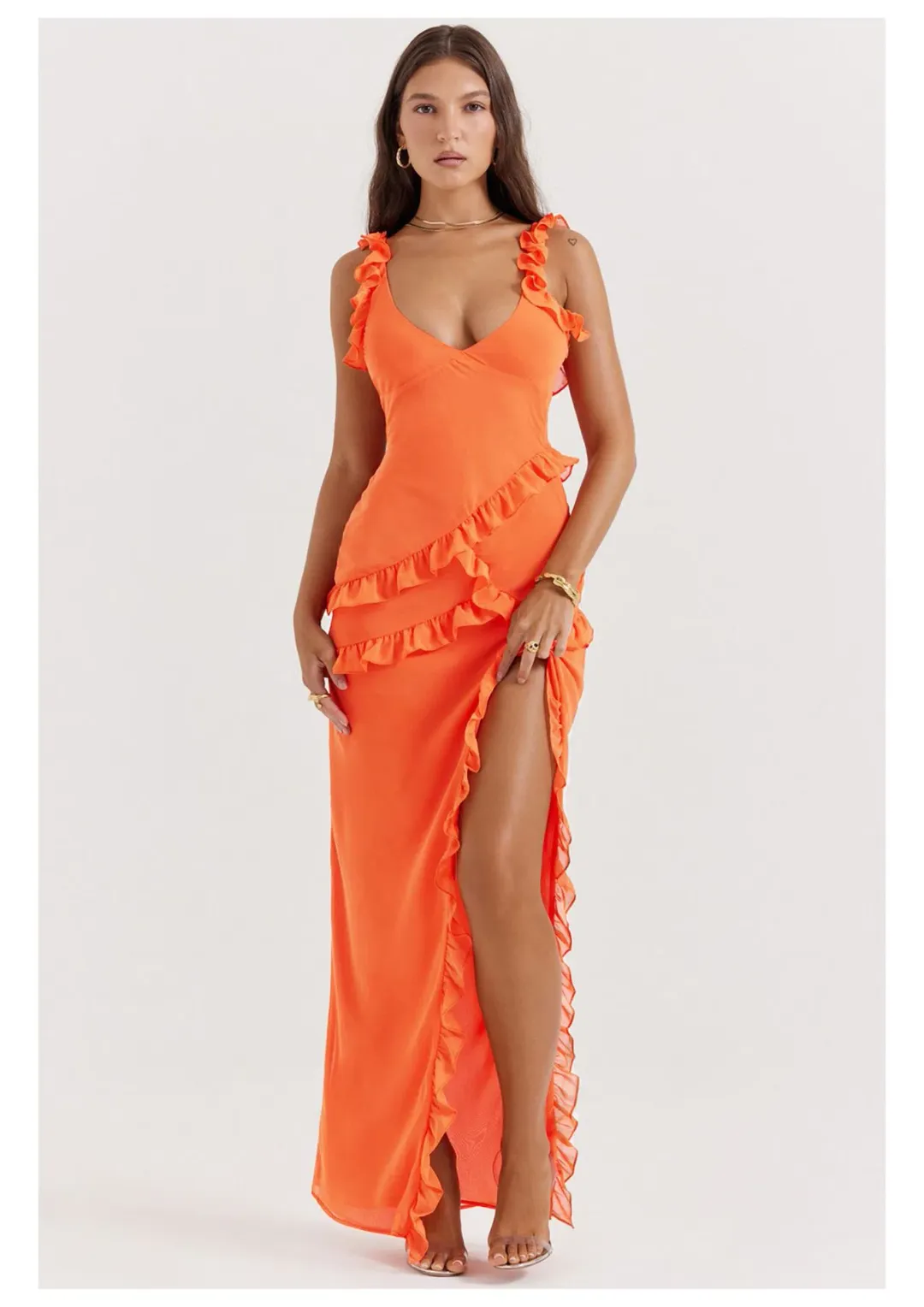 House of CB Pixie Ruffle Maxi Dress in Flame Orange Size XS / AU 6 for rent on The Volte - main image