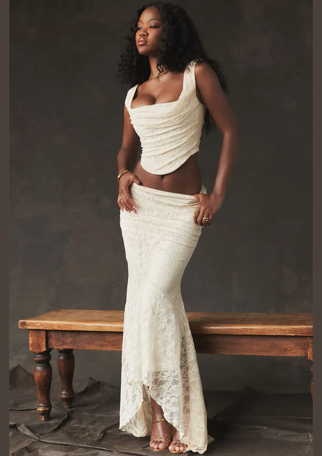 House Of CB Una Lace Corset & Therese Lace Maxi Skirt Set Vintage Cream Size 6 for rent on The Volte - main image