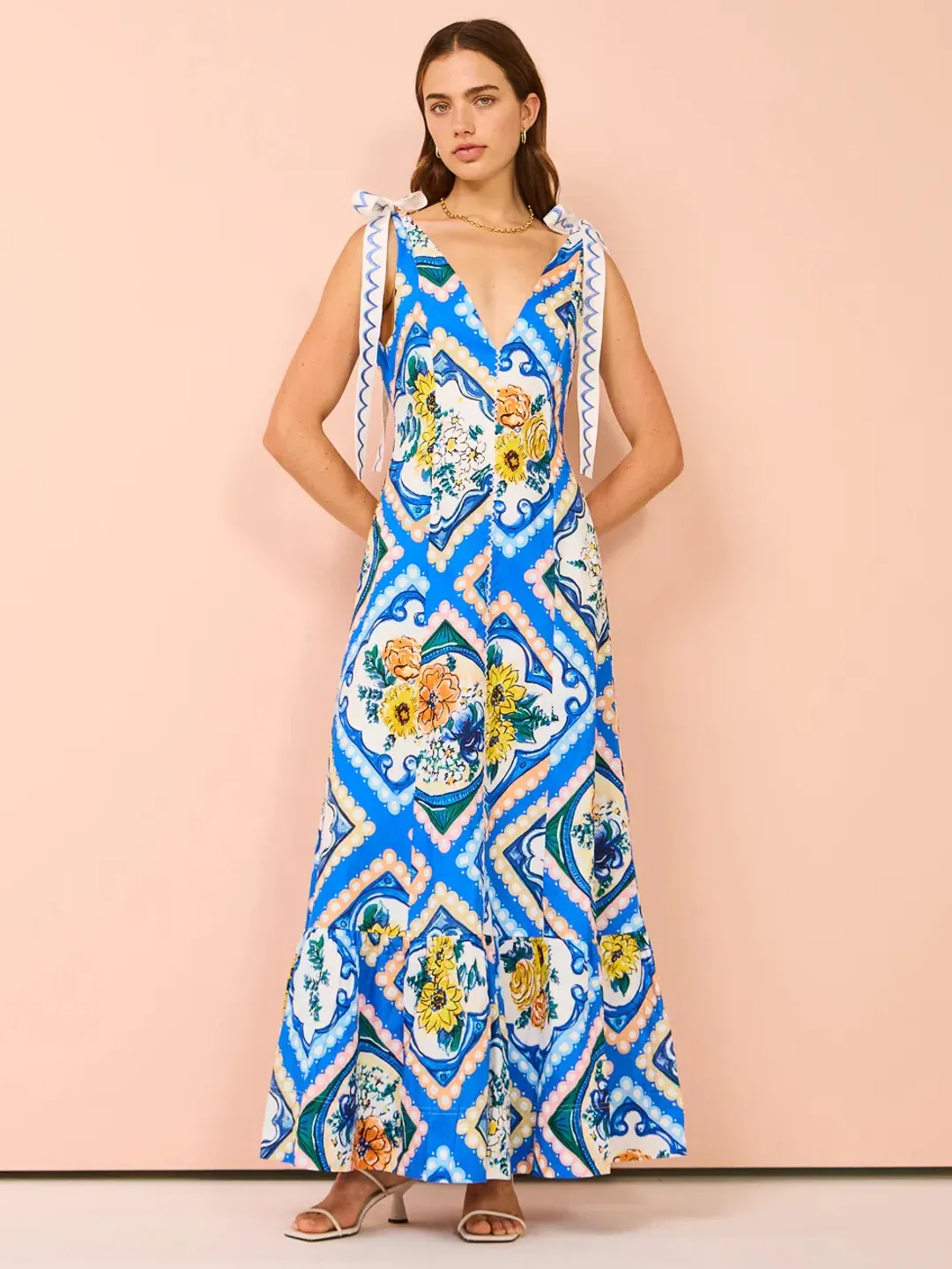 By Nicola Andoncia Tie Shoulder Maxi Dress Azure Blue Floral Size 8 for rent on The Volte - main image
