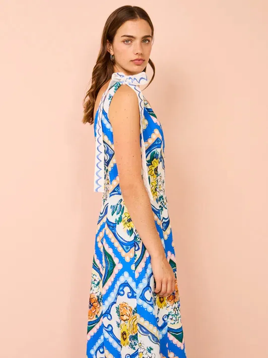 By Nicola Andoncia Tie Shoulder Maxi Dress Azure Blue Floral Size 8 for rent on The Volte - main image