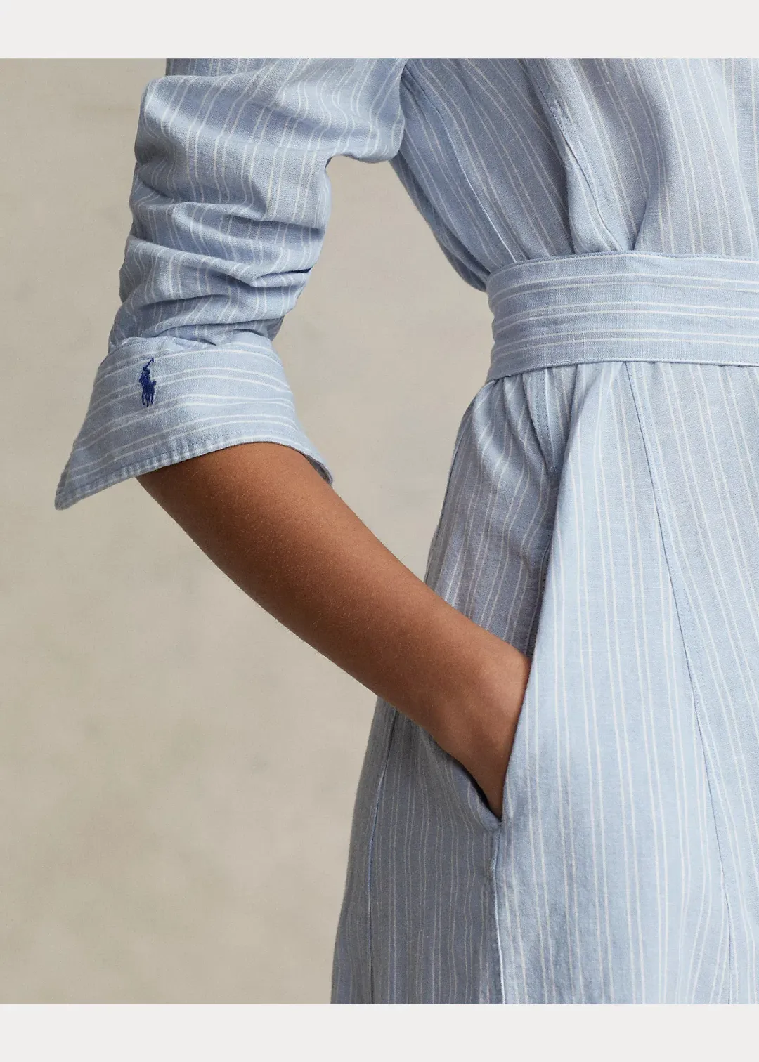 Ralph Lauren Belted Striped Linen Cotton Shirtdress Blue Size 6 for rent on The Volte - main image