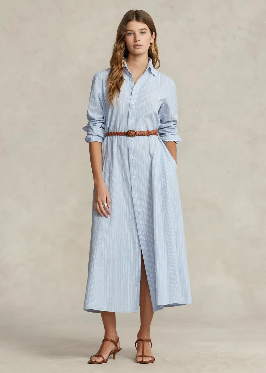 Ralph Lauren Belted Striped Linen Cotton Shirtdress Blue Size 6 for rent on The Volte - main image