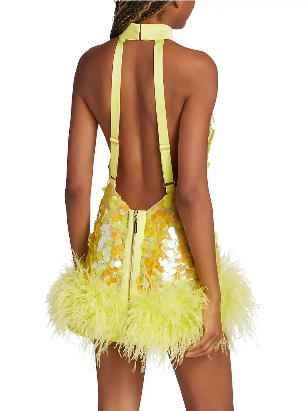 Bronx and Banco Izzy Sequin & Feather Mini Dress Yellow Size AU 6 for rent on The Volte - main image