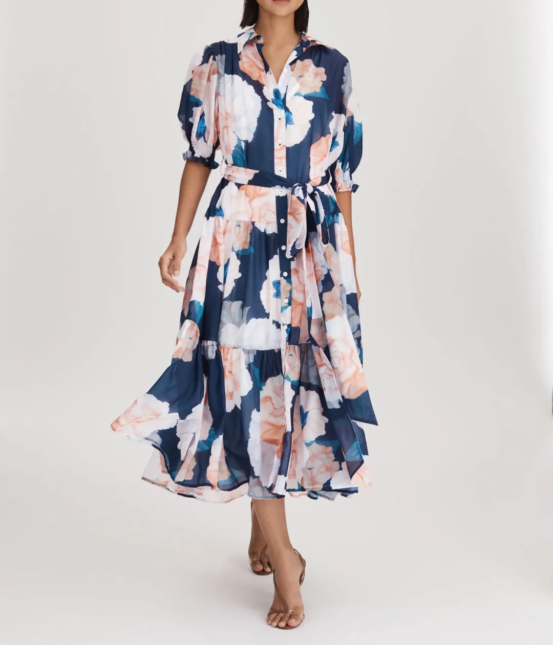 Leo Lin Ellie Bishop Sleeve Midi Dress Rosebud Print in Navy Size AU 16 for rent on The Volte - main image