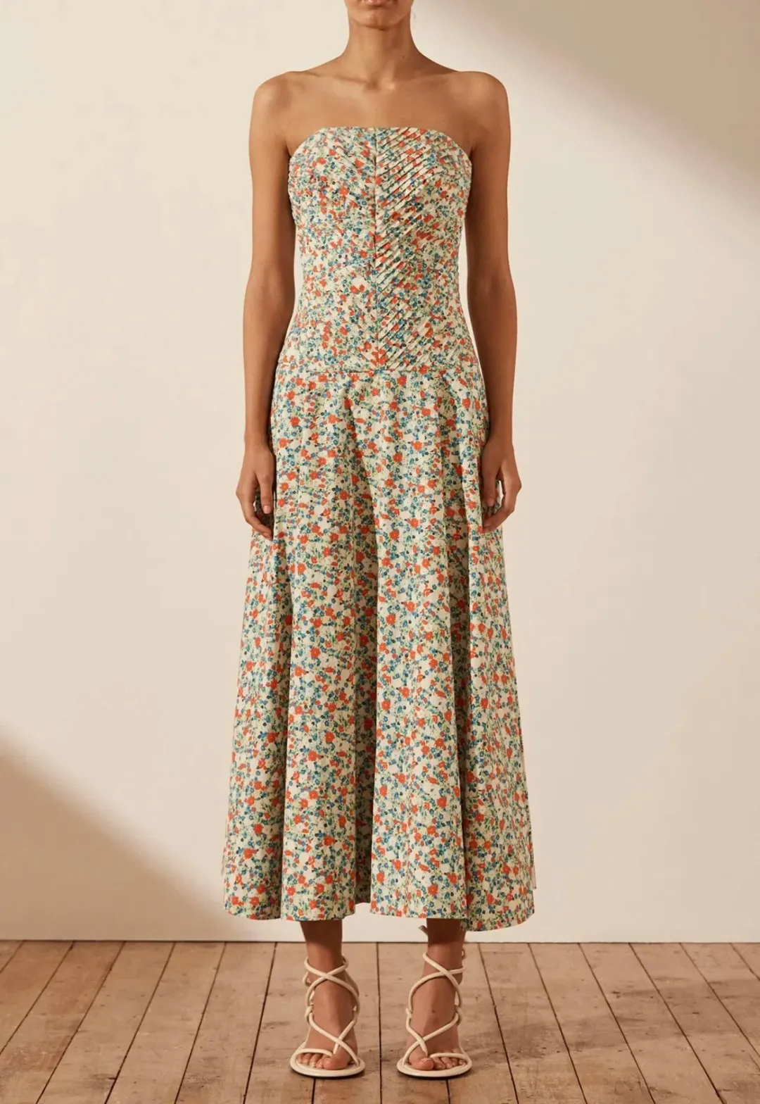 Shona Joy Ulani Strapless Pleated Midi Dress Multi Floral Size 10 for rent on The Volte - main image