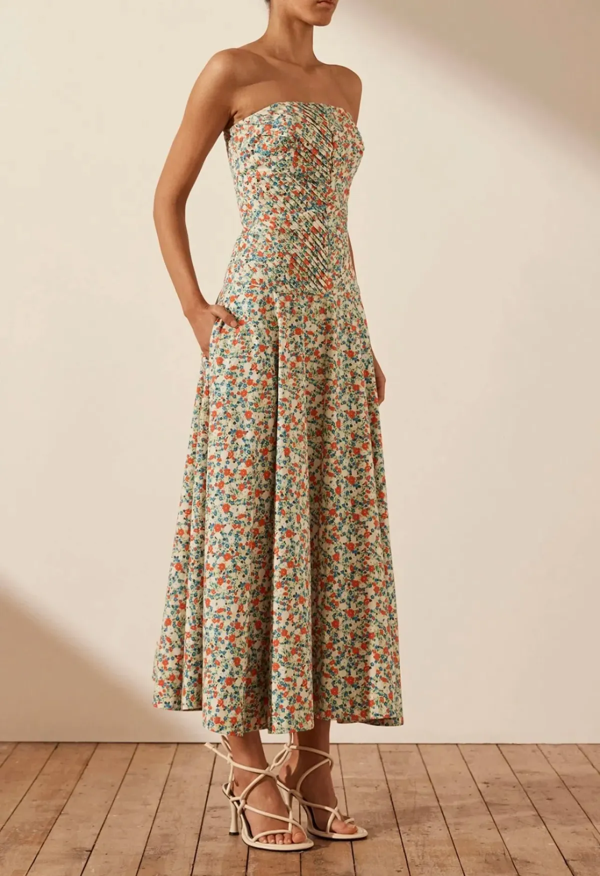 Shona Joy Ulani Strapless Pleated Midi Dress Multi Floral Size 10 - Image 2