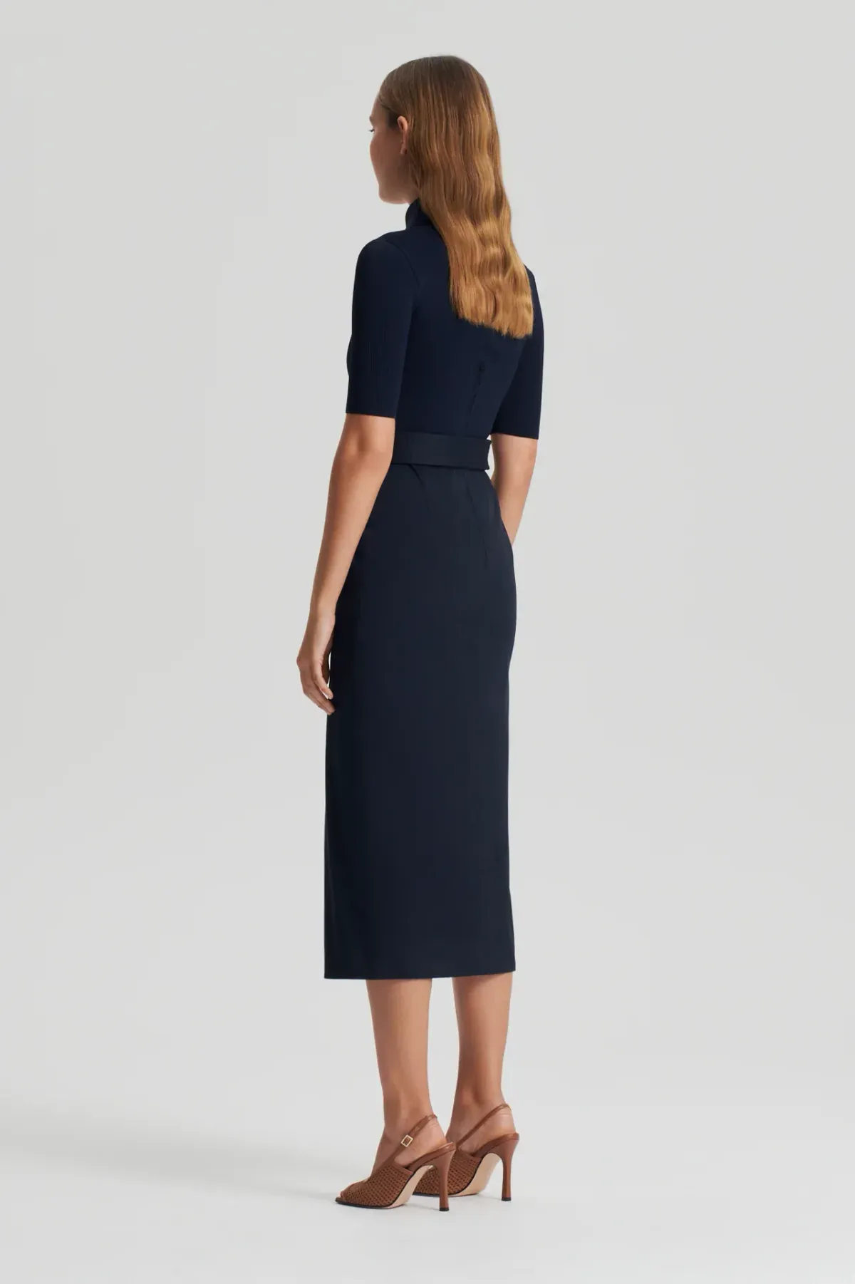 Scanlan Theodore Crepe Knit Pencil Cotton Dress Navy Size 12 - Image 3