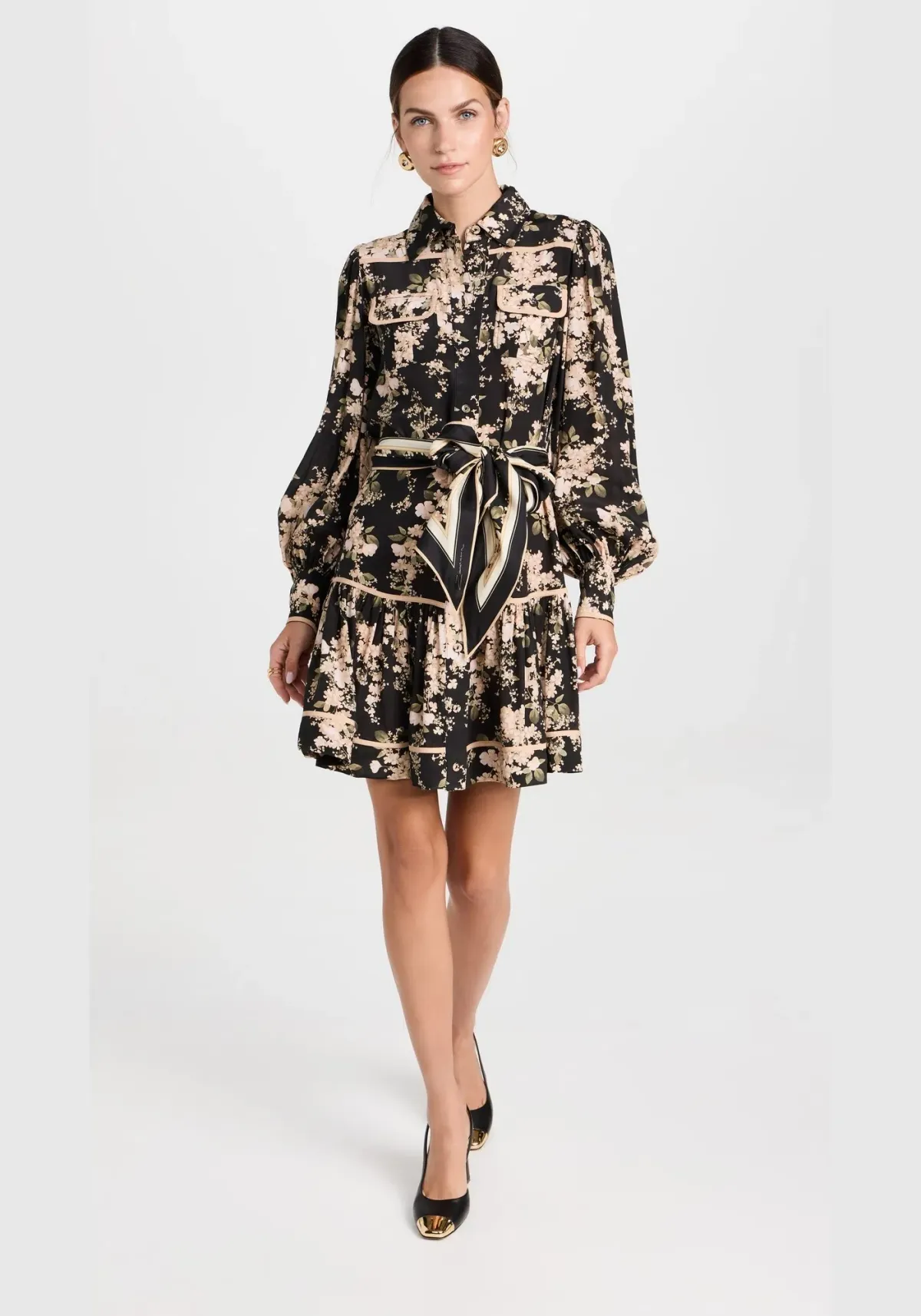 Zimmerman Shirt Mini Dress in Black Ivory Floral Size 10 - Image 1