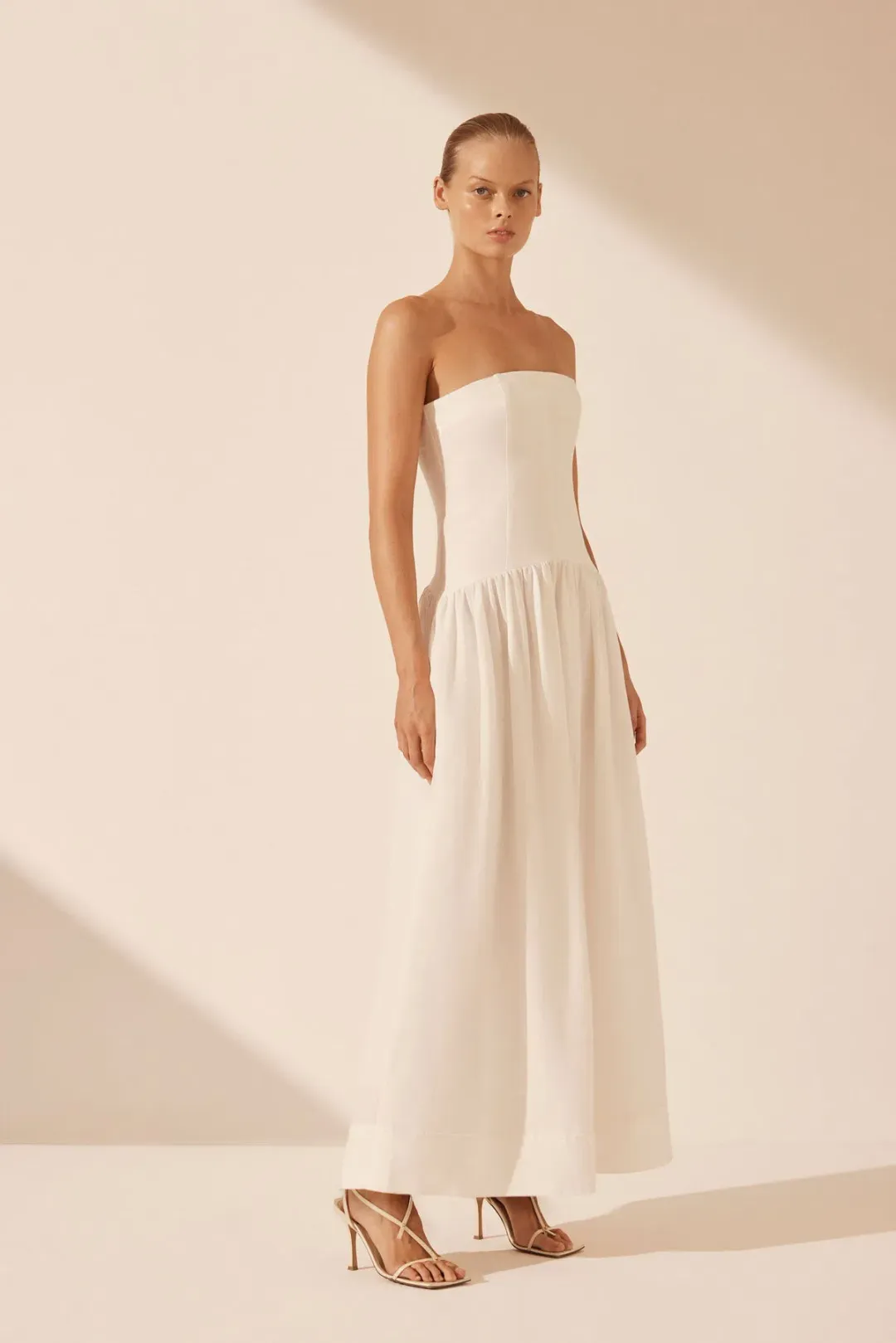 Shona Joy Blanc Linen Strapless Panelled Drop Waist Maxi Dress Ivory Size XS / AU 6 for rent on The Volte - main image