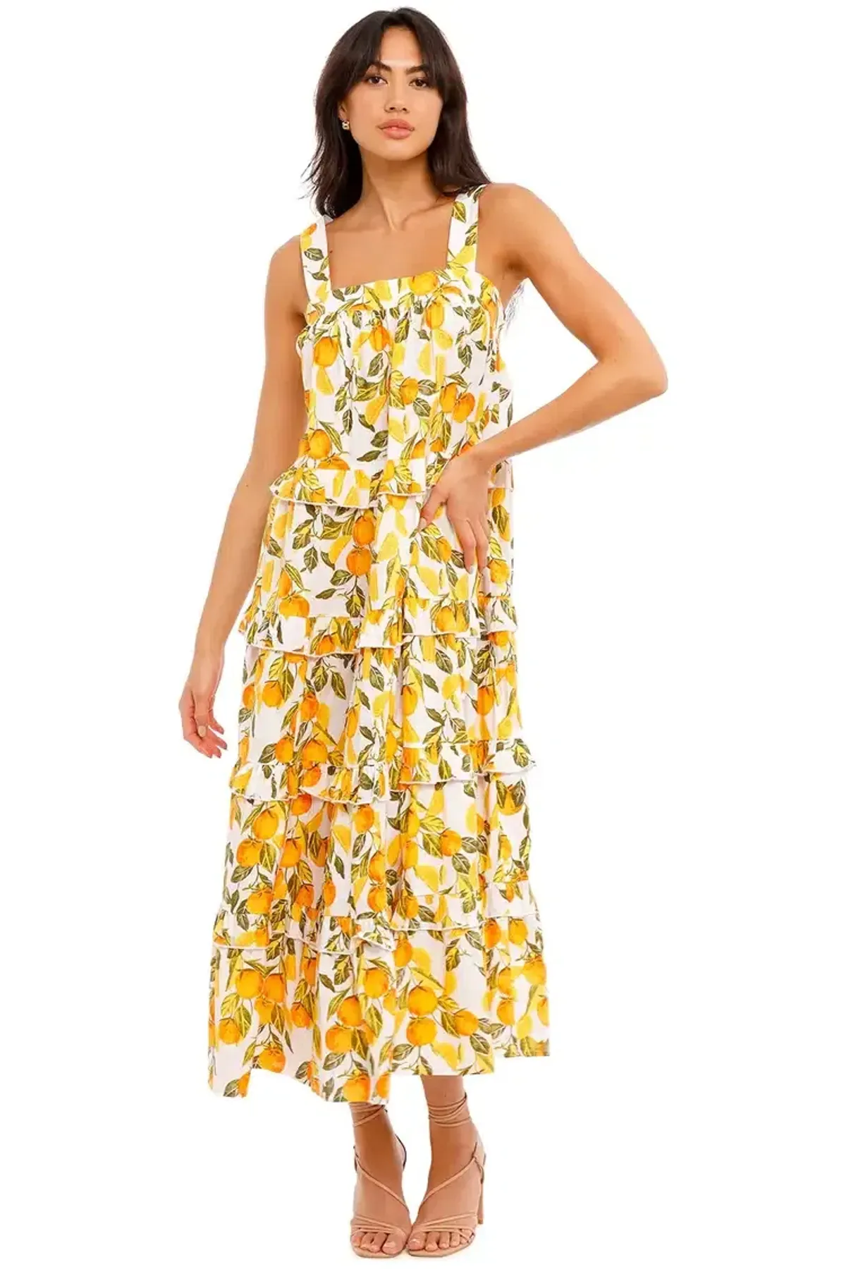 Never Fully Dressed Orange Grove Scallop Dress Yellow Print Size 16 - Image 1
