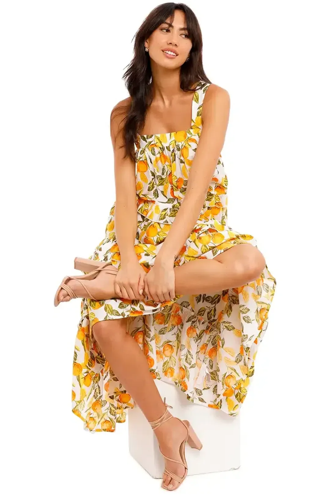 Never Fully Dressed Orange Grove Scallop Dress Yellow Print Size 16 for rent on The Volte - main image