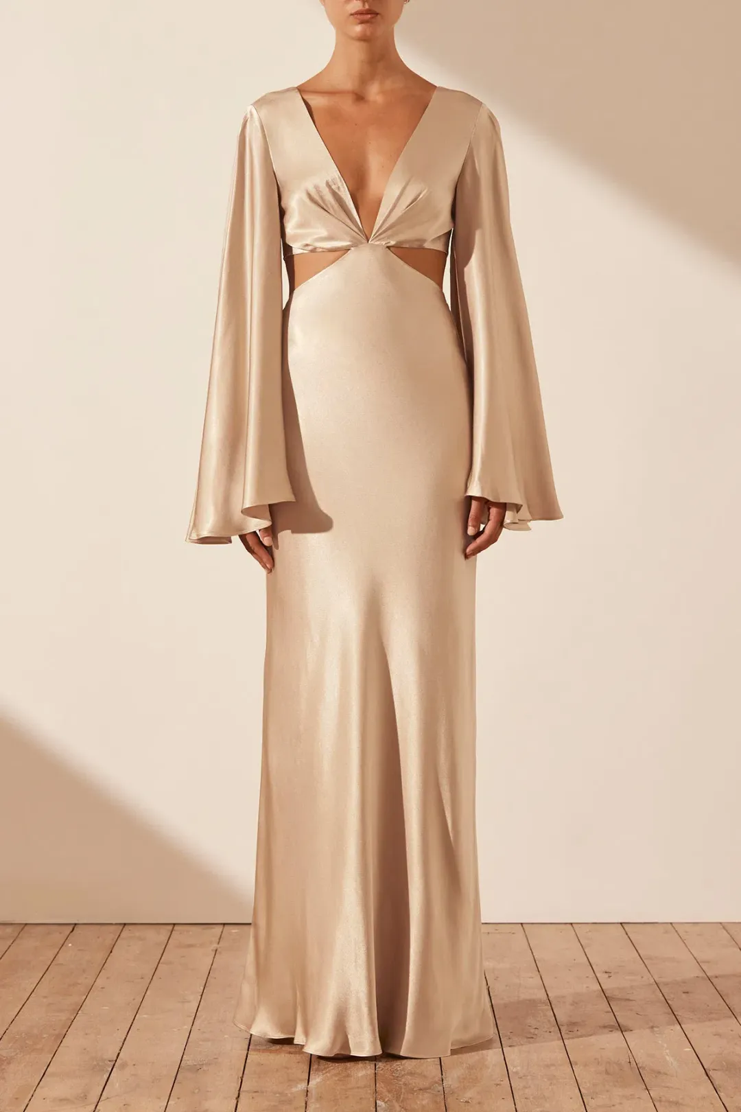 Shona Joy La Lune Flared Sleeve Open Back Maxi Dress Gold Size 6 for rent on The Volte - main image