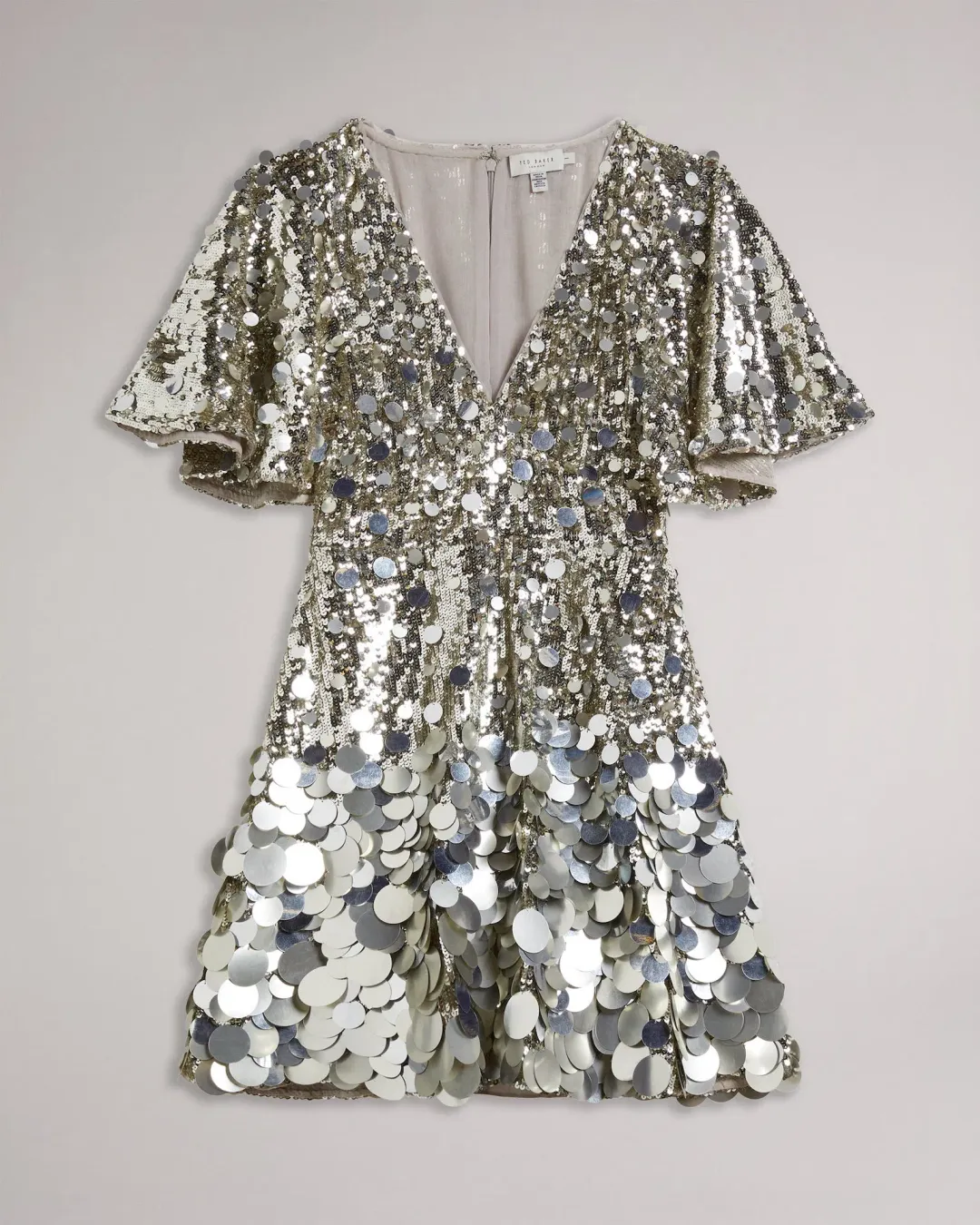 Ted Baker Silver Estelli Embellished Cape Woven Mini Dress Sequin Size 8 for rent on The Volte - main image