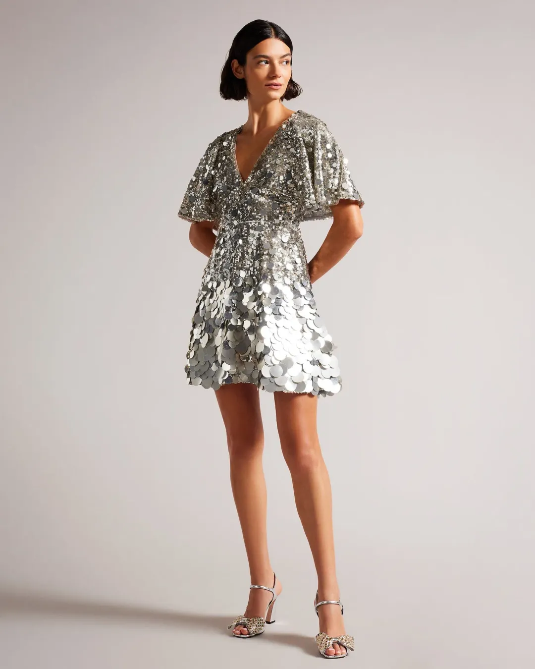Ted Baker Silver Estelli Embellished Cape Woven Mini Dress Sequin Size 8 for rent on The Volte - main image